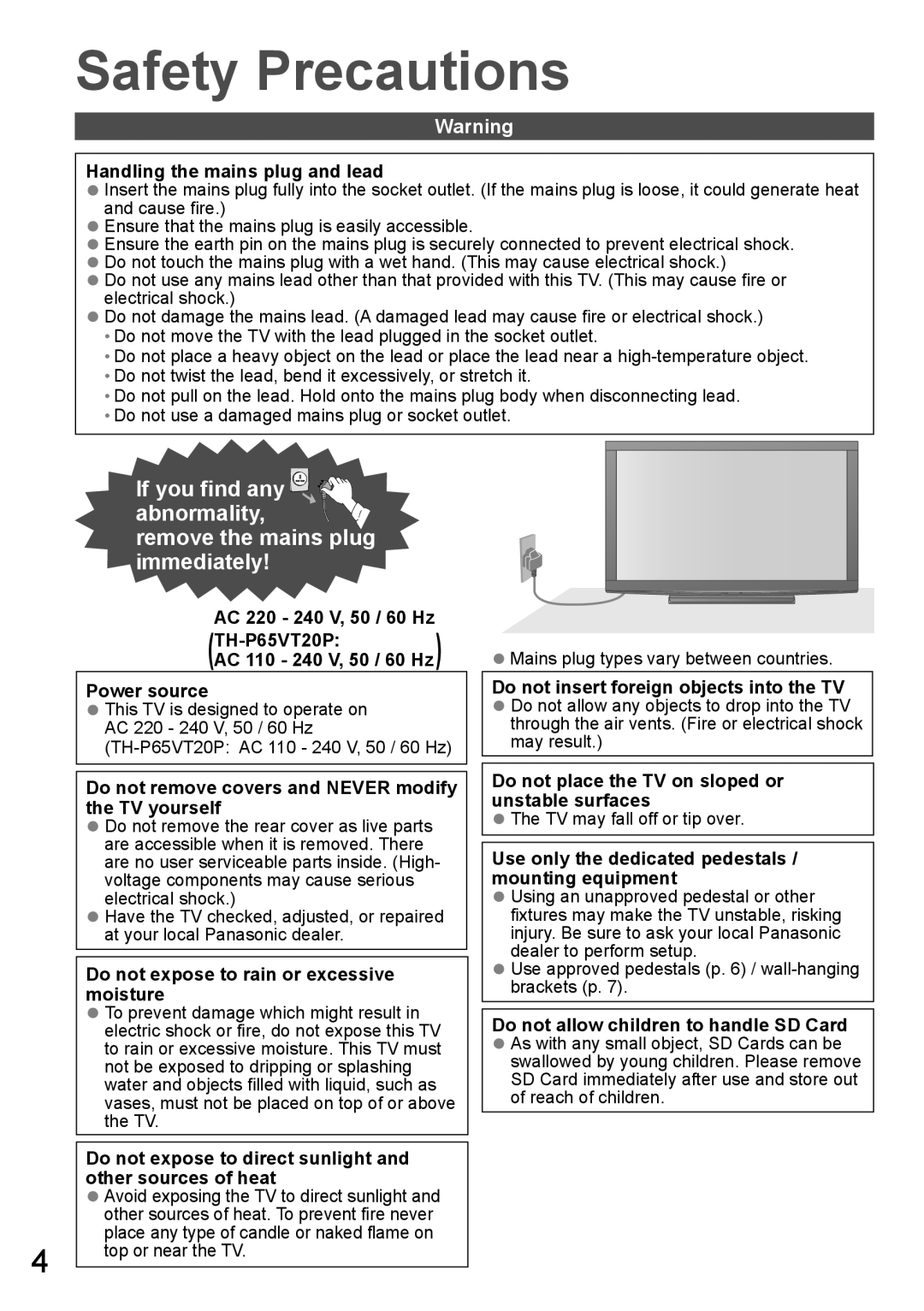 Panasonic TH-P65VT20D, TH-P65VT20P, TH-P65VT20T, TH-P65VT20K, TH-P65VT20M operating instructions Safety Precautions 