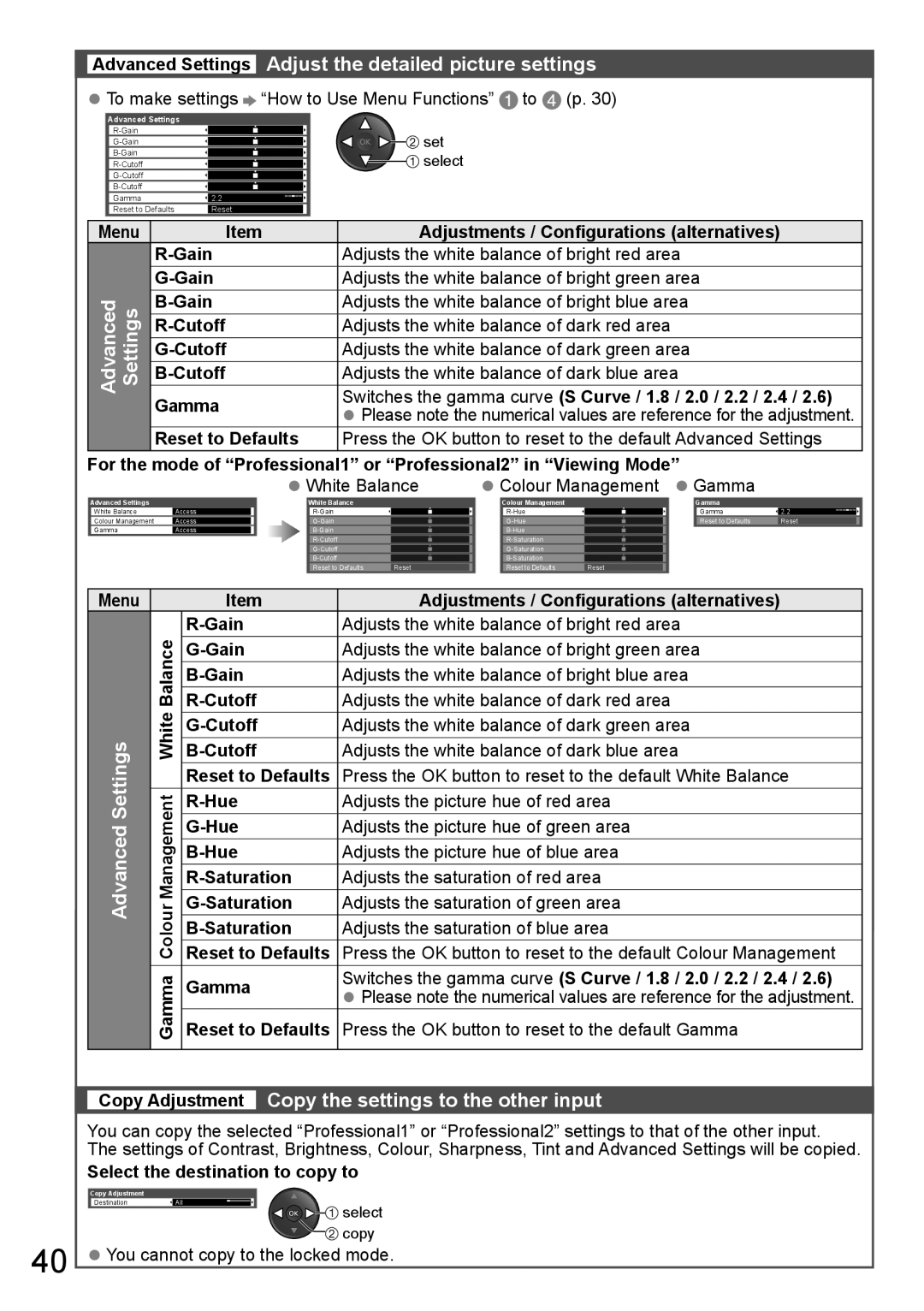 Panasonic TH-P65VT20P, TH-P65VT20T, TH-P65VT20K, TH-P65VT20M Advanced Settings Adjust the detailed picture settings 