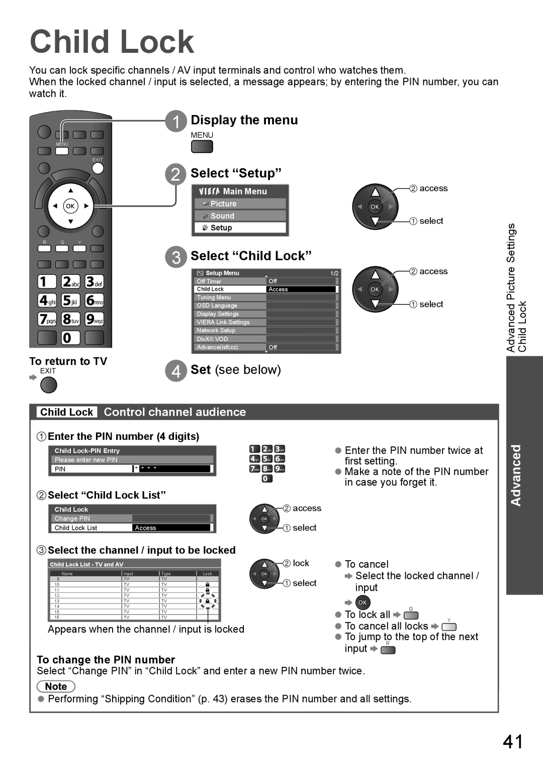 Panasonic TH-P65VT20T Select Child Lock List, Select the channel / input to be locked, To change the PIN number 