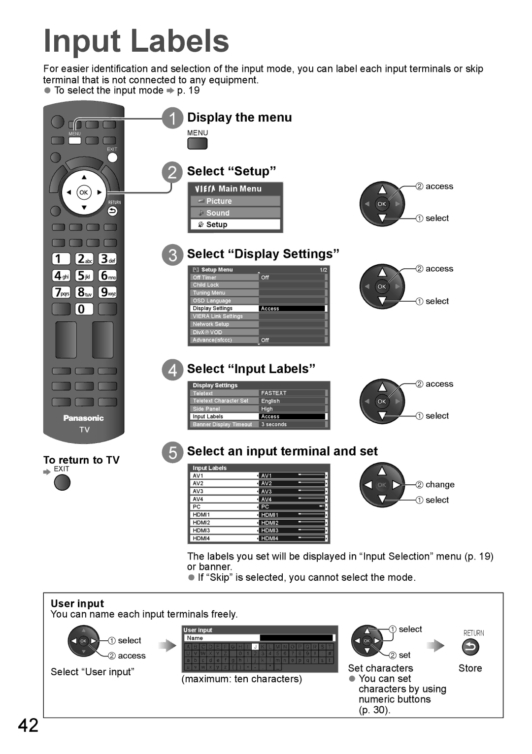 Panasonic TH-P65VT20K Select Display Settings, Select Input Labels, Select an input terminal and set, To return to TV 