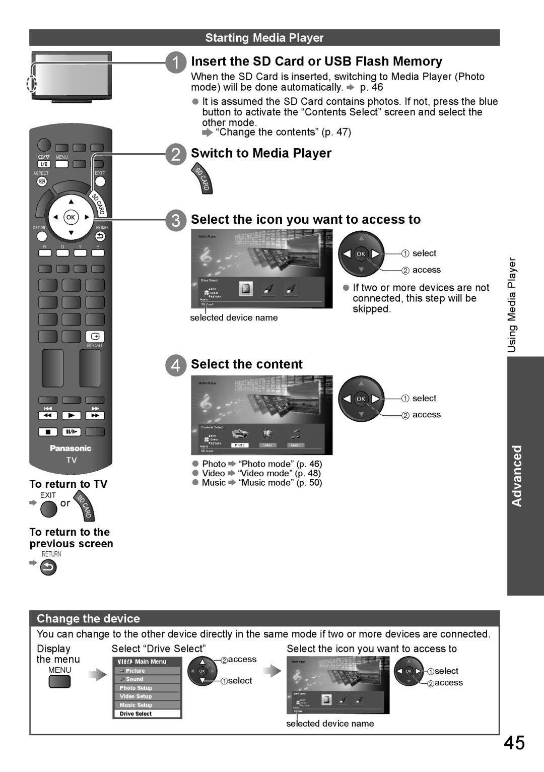 Panasonic TH-P65VT20P, TH-P65VT20T Insert the SD Card or USB Flash Memory, Switch to Media Player, Select the content 