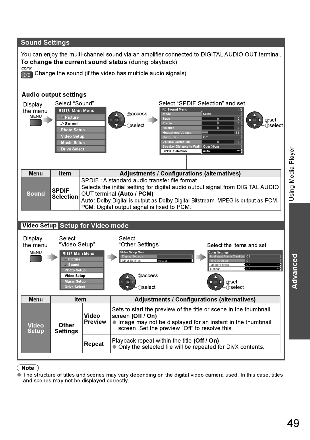 Panasonic TH-P65VT20D, TH-P65VT20P, TH-P65VT20T, TH-P65VT20K, TH-P65VT20M Sound Settings, Video Setup Setup for Video mode 