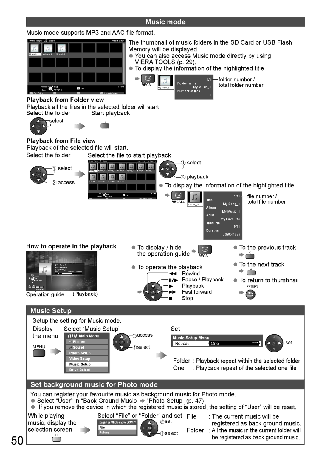 Panasonic TH-P65VT20P, TH-P65VT20T, TH-P65VT20K, TH-P65VT20M Music mode, Music Setup, Set background music for Photo mode 