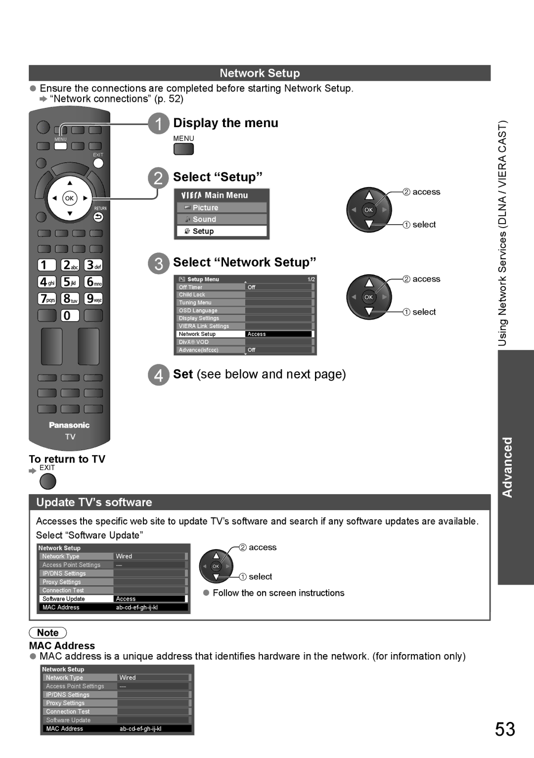 Panasonic TH-P65VT20M, TH-P65VT20P, TH-P65VT20T, TH-P65VT20K Select Network Setup, Update TV’s software, MAC Address 