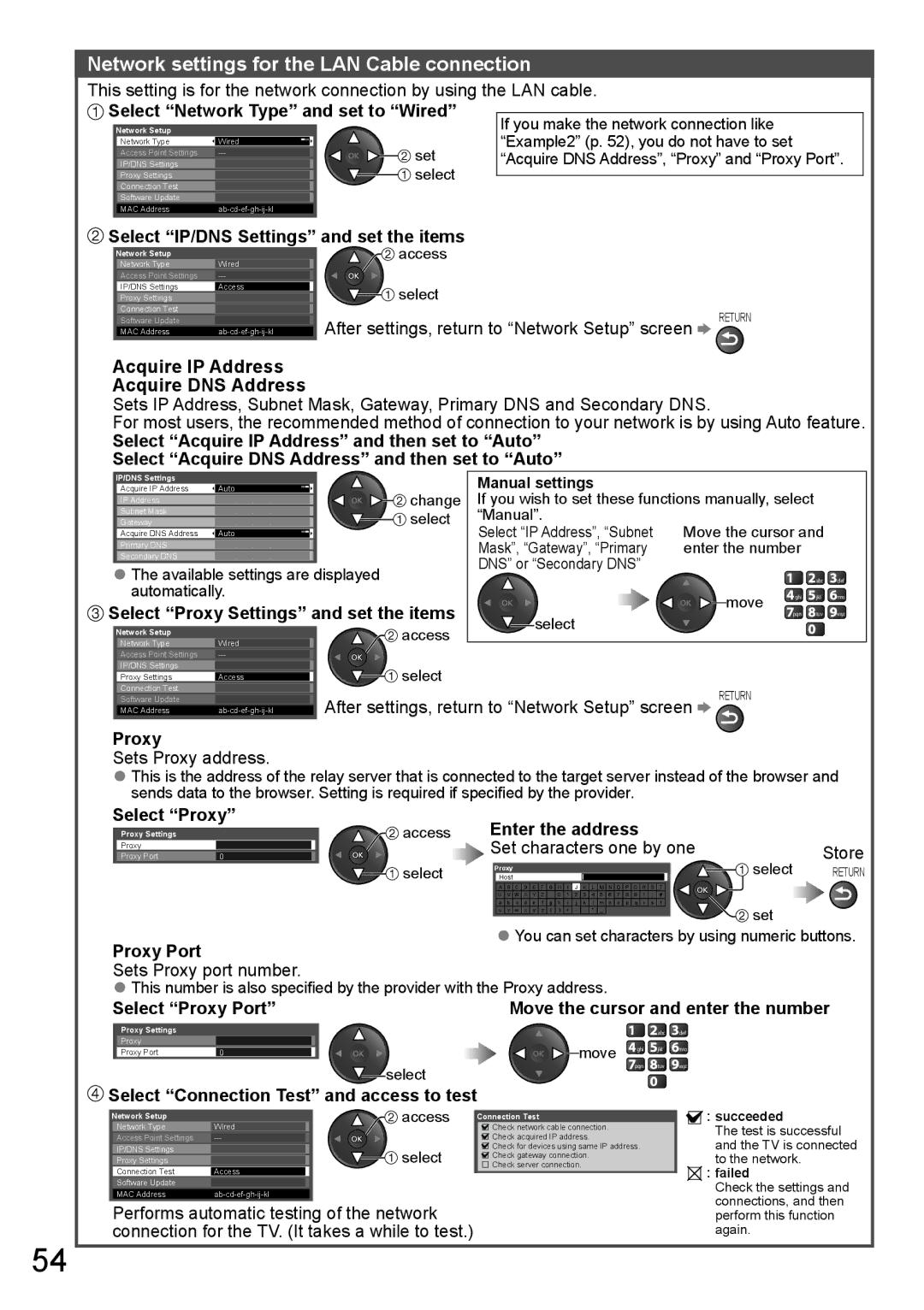 Panasonic TH-P65VT20D, TH-P65VT20P Network settings for the LAN Cable connection, Select Network Type and set to Wired 