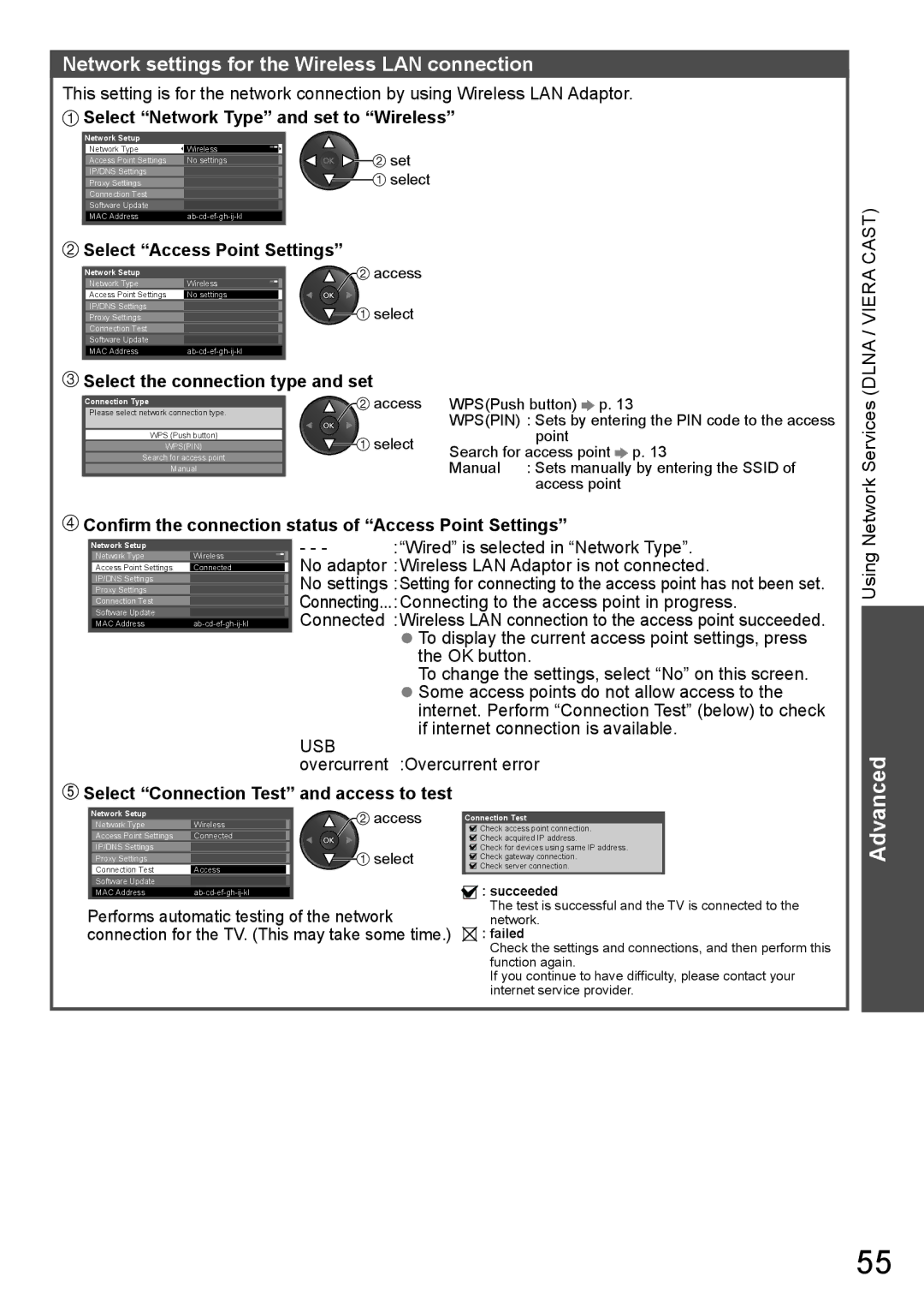 Panasonic TH-P65VT20P Network settings for the Wireless LAN connection, Select Network Type and set to Wireless 