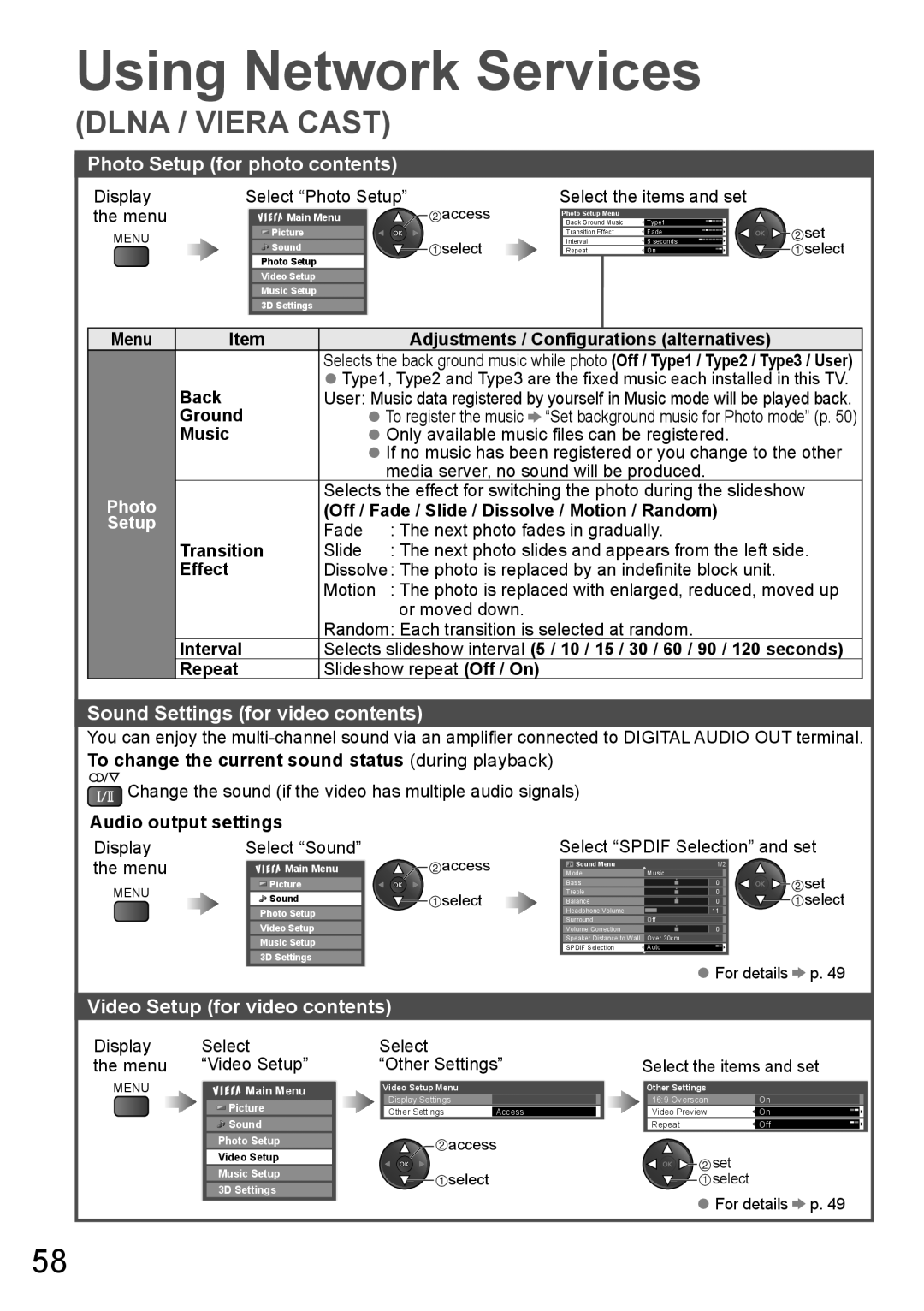 Panasonic TH-P65VT20M Photo Setup for photo contents, Sound Settings for video contents, Video Setup for video contents 