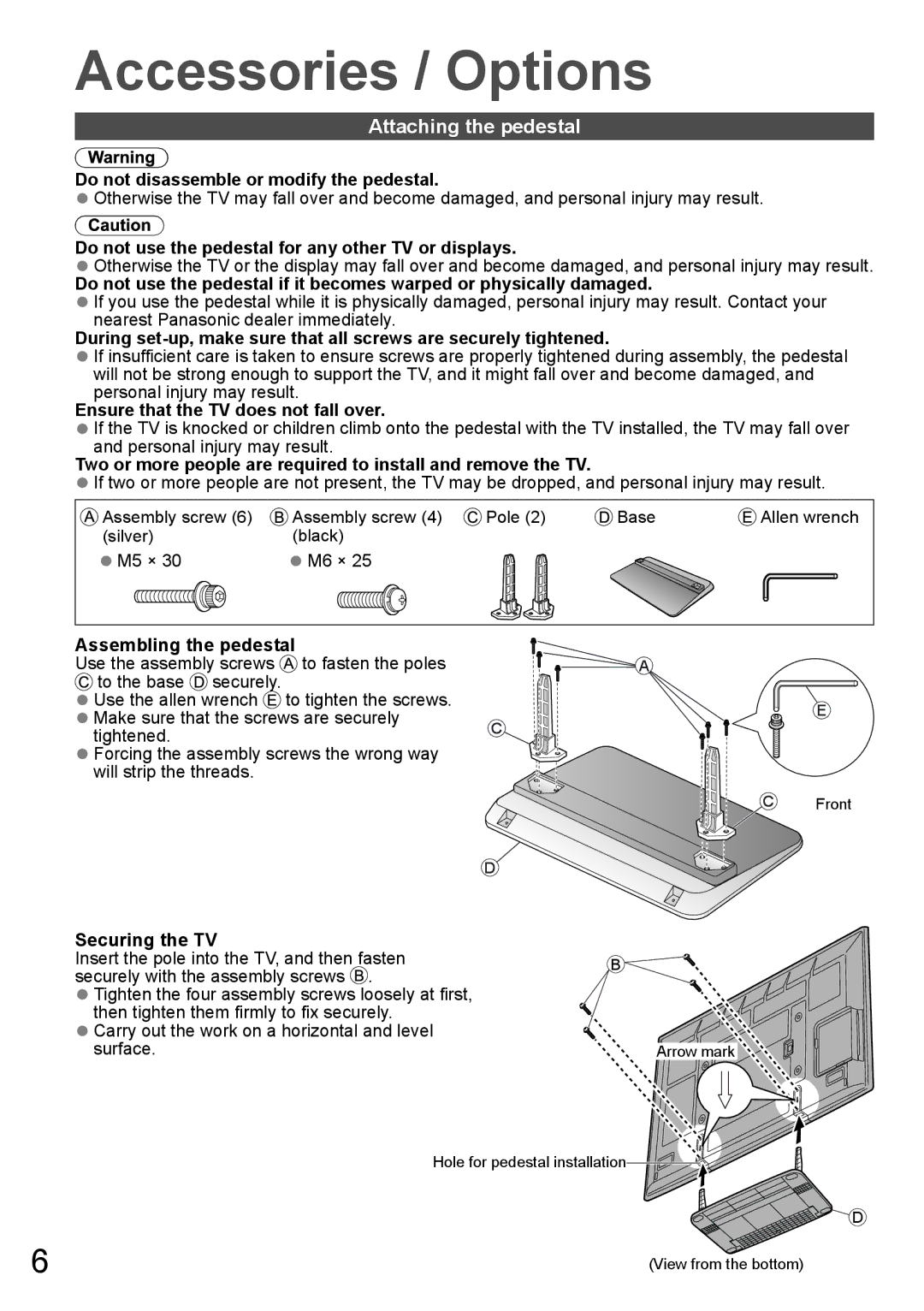 Panasonic TH-P65VT20T, TH-P65VT20P, TH-P65VT20K, TH-P65VT20M, TH-P65VT20D Accessories / Options, Attaching the pedestal 