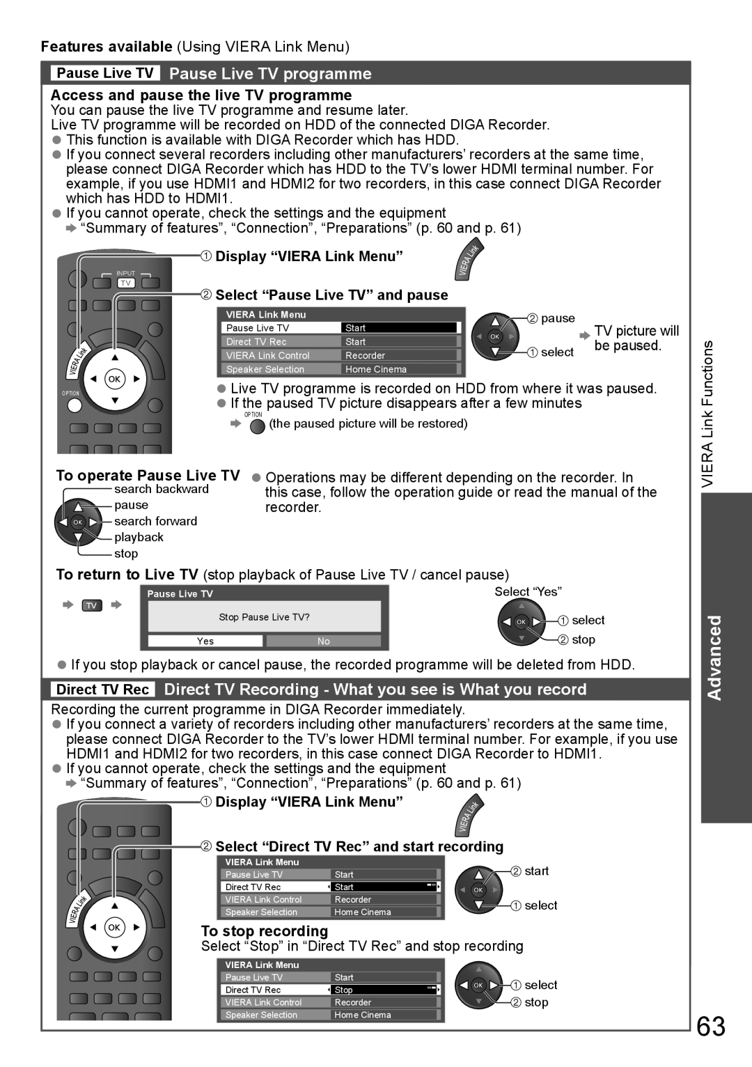 Panasonic TH-P65VT20M, TH-P65VT20P, TH-P65VT20T, TH-P65VT20K Pause Live TV Pause Live TV programme, To stop recording 