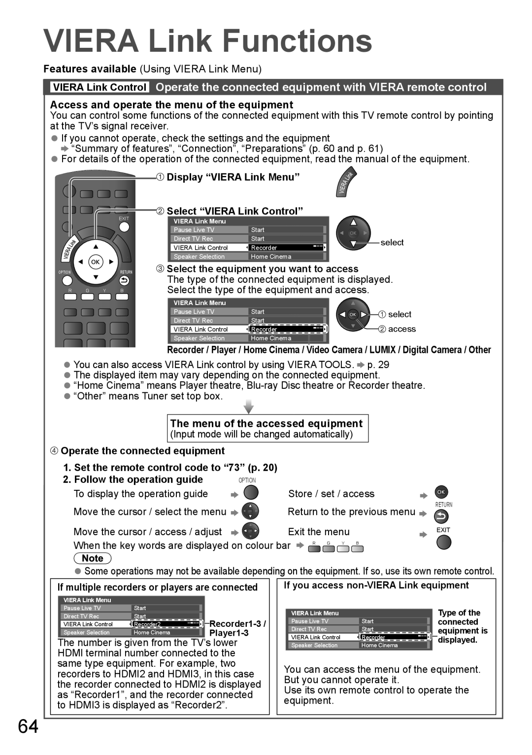 Panasonic TH-P65VT20D Access and operate the menu of the equipment, Display Viera Link Menu Select Viera Link Control 