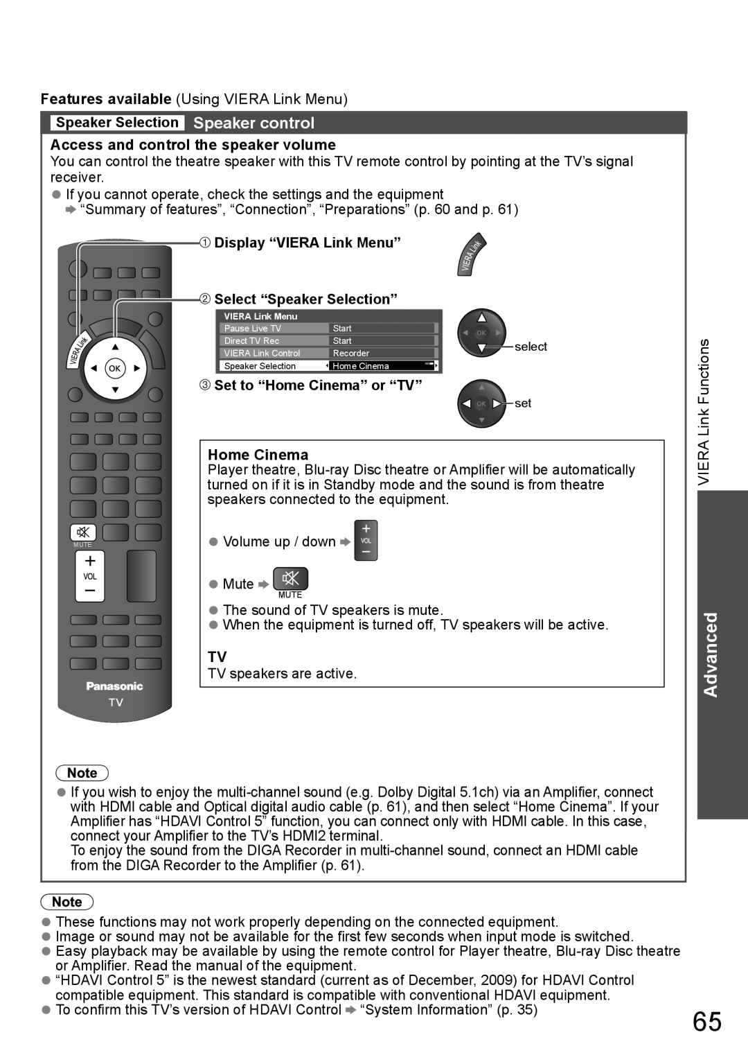 Panasonic TH-P65VT20P, TH-P65VT20T, TH-P65VT20K Display Viera Link Menu Select Speaker Selection, Set to Home Cinema or TV 