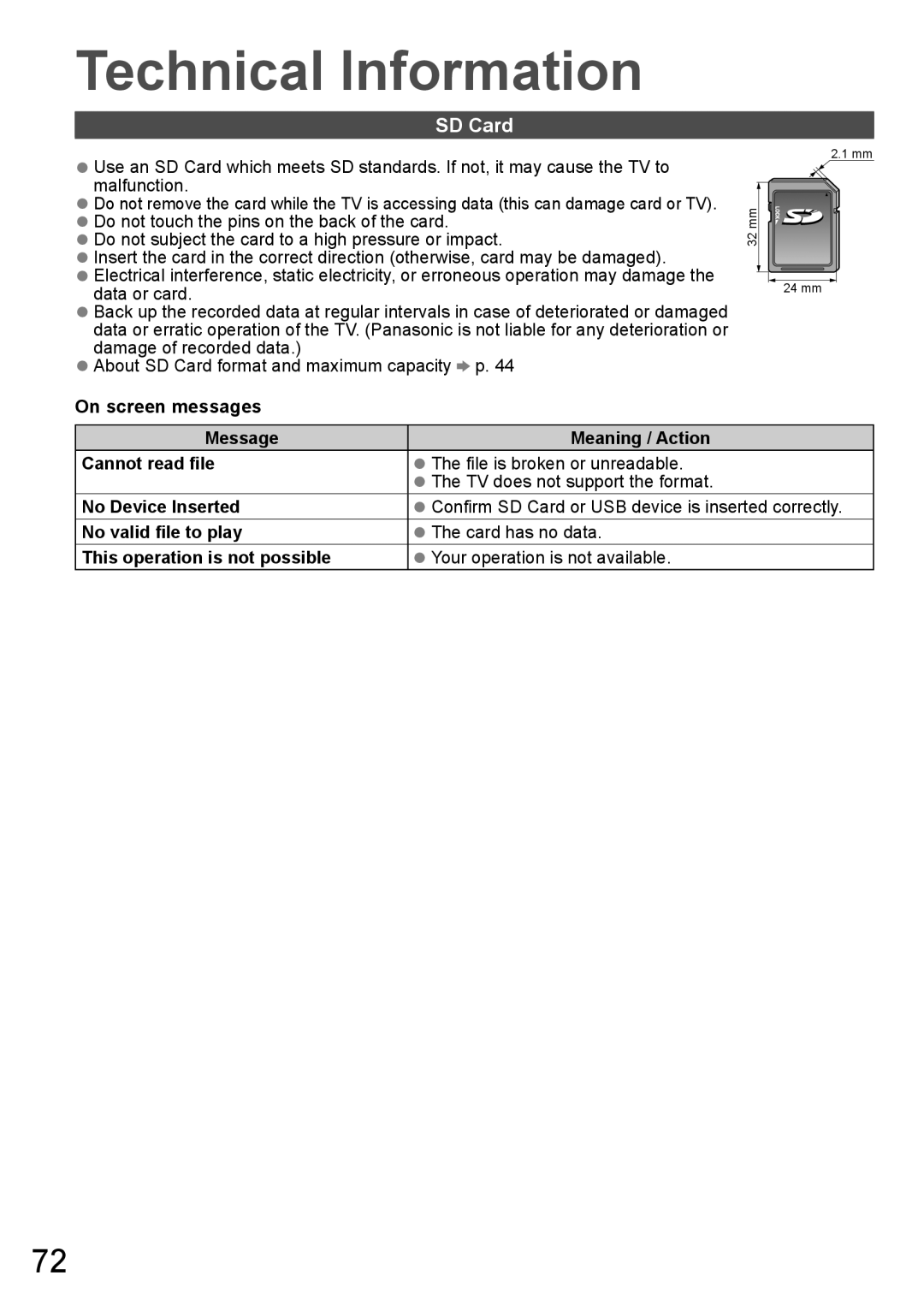 Panasonic TH-P65VT20K, TH-P65VT20P, TH-P65VT20T, TH-P65VT20M, TH-P65VT20D operating instructions SD Card 