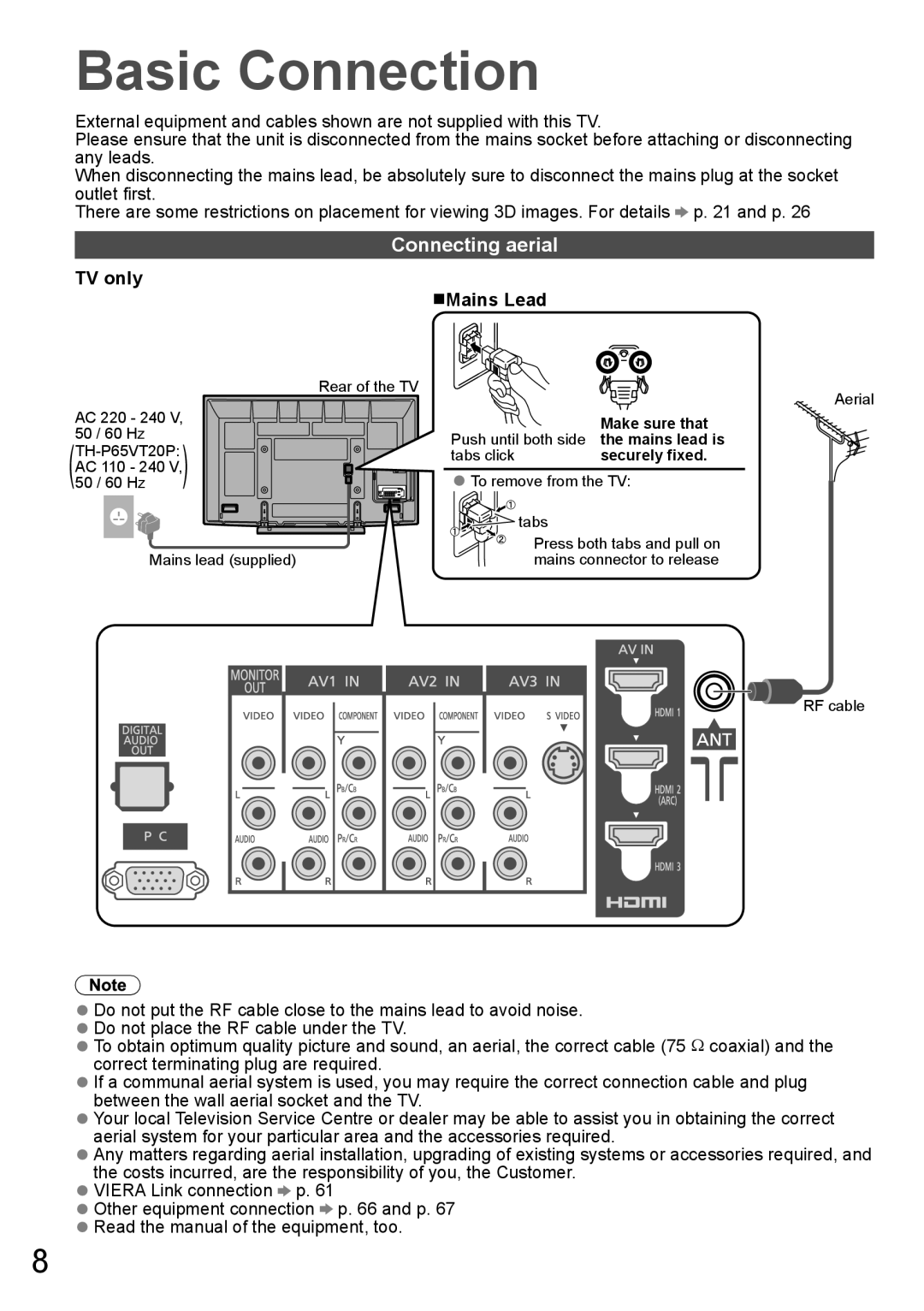 Panasonic TH-P65VT20M Basic Connection, Connecting aerial, TV only Mains Lead, Push until both side Make sure that 