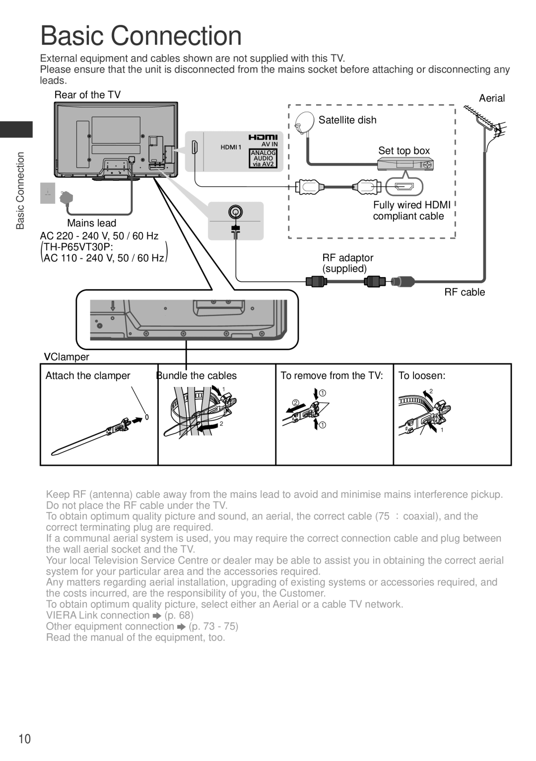 Panasonic TH-P65VT30P Basic Connection, Rear of the TV, Clamper Attach the clamper Bundle the cables, To loosen 