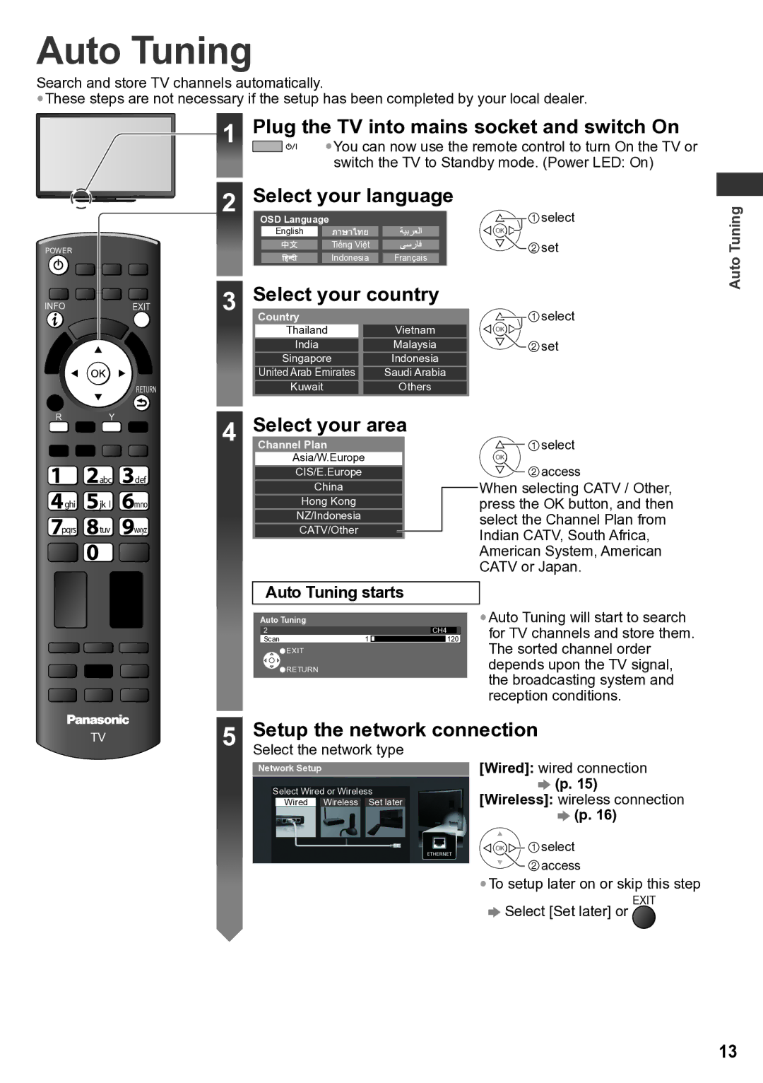 Panasonic TH-P65VT30M Auto Tuning, Plug the TV into mains socket and switch On, Select your language, Select your country 