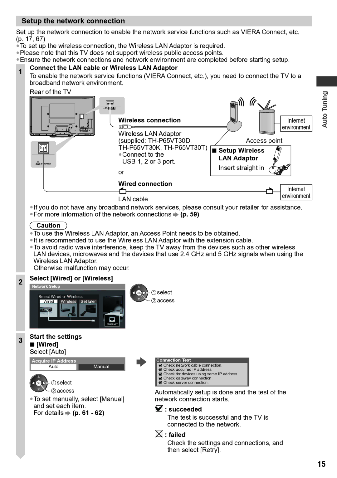 Panasonic TH-P65VT30P, TH-P65VT30K, TH-P65VT30D, TH-P65VT30M Setup the network connection, Select Wired or Wireless 