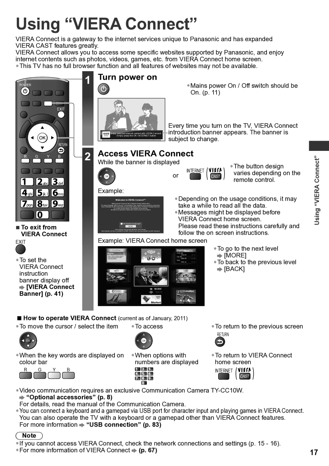 Panasonic TH-P65VT30D, TH-P65VT30P, TH-P65VT30K, TH-P65VT30M Using Viera Connect, Turn power on, Access Viera Connect 