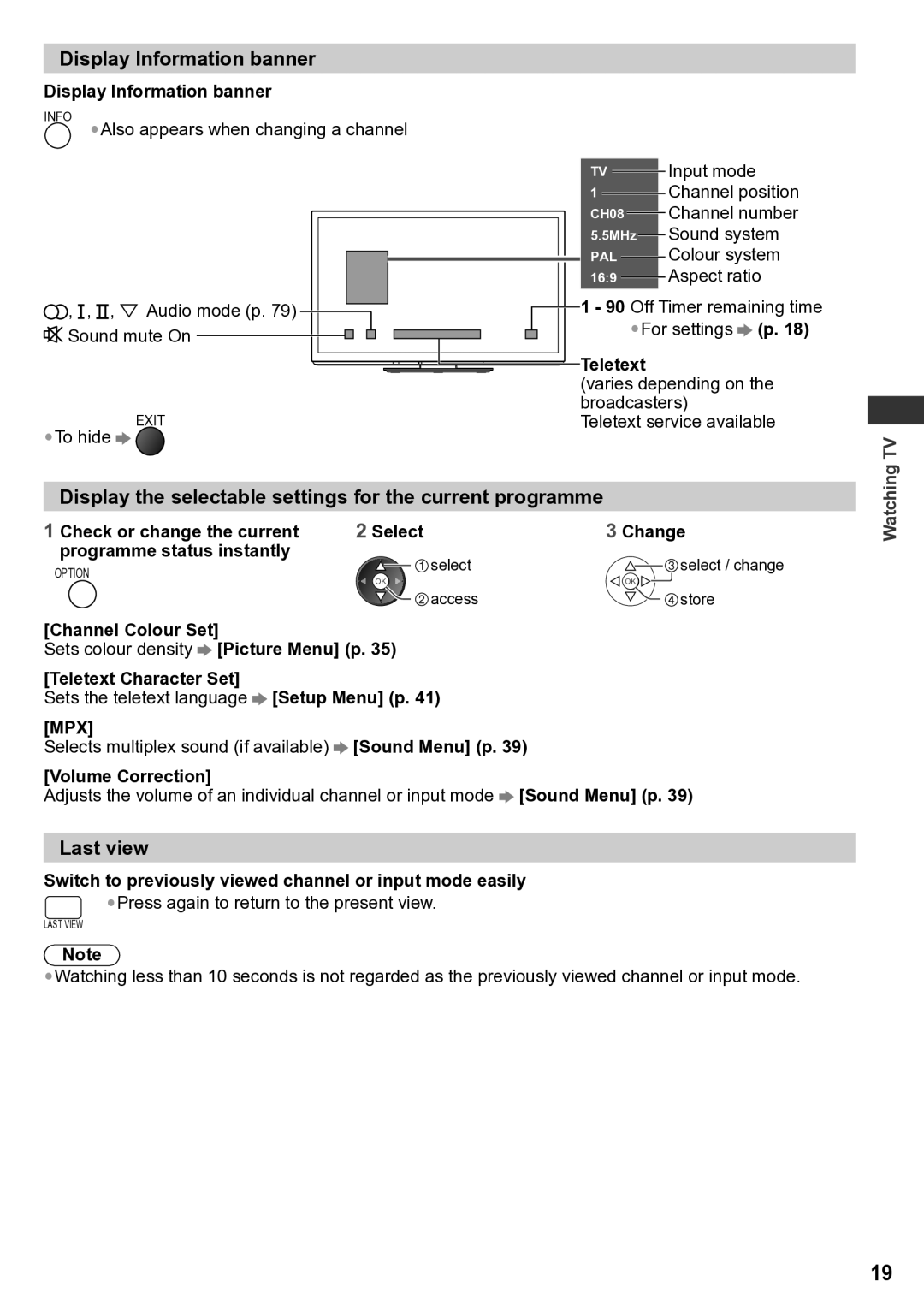 Panasonic TH-P65VT30T Display Information banner, Display the selectable settings for the current programme, Last view 