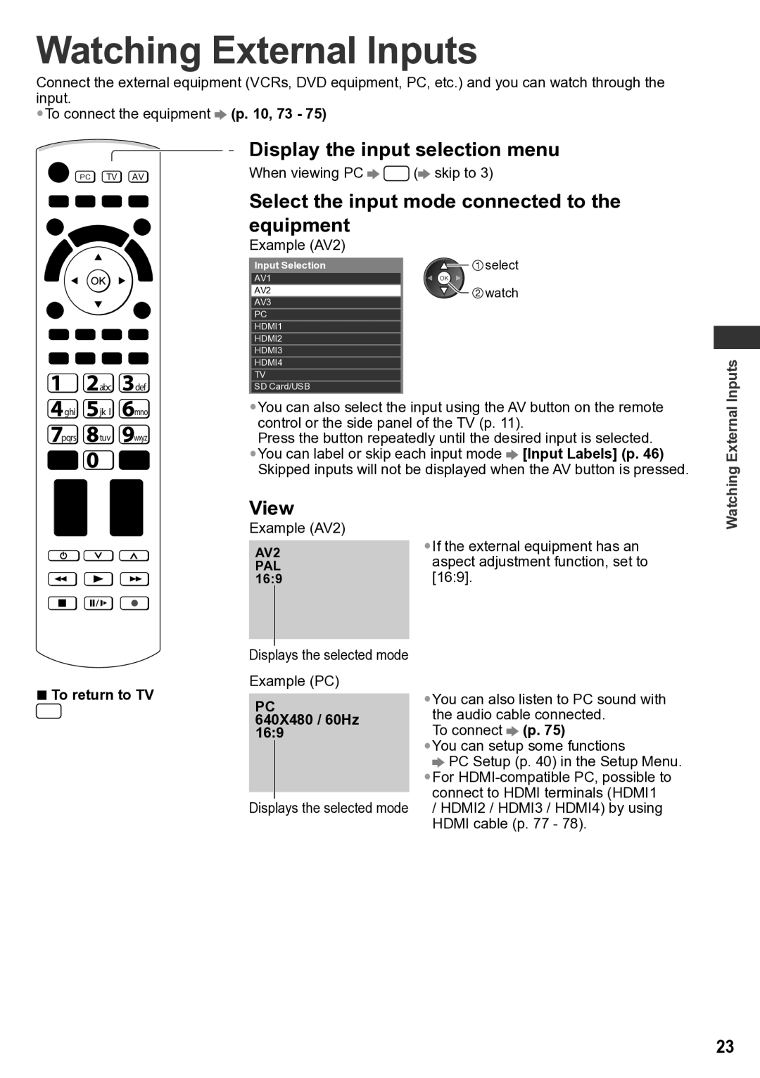 Panasonic TH-P65VT30M Watching External Inputs, Select the input mode connected to the equipment, 640X480 / 60Hz 