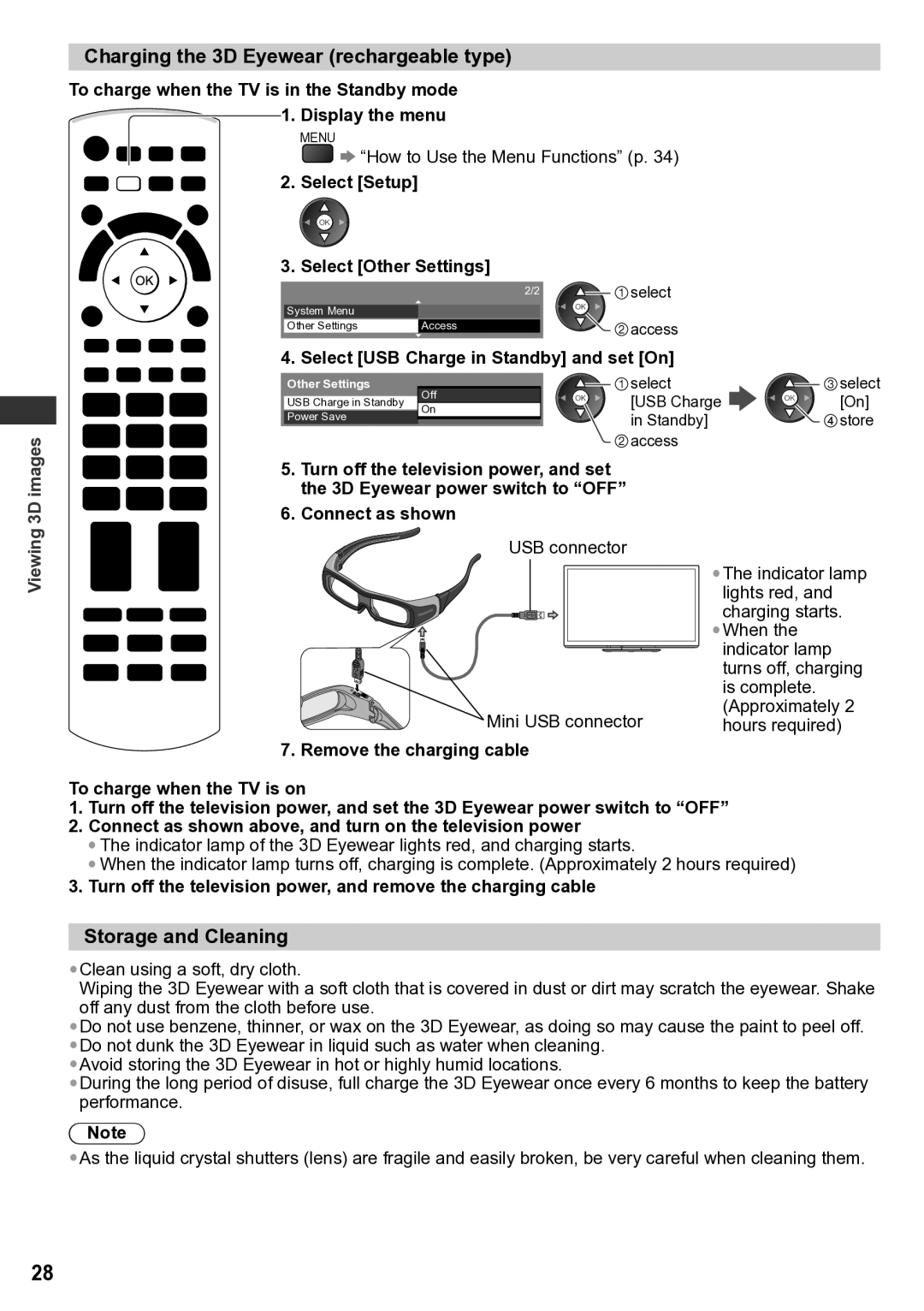 Panasonic TH-P65VT30M, TH-P65VT30P, TH-P65VT30K, TH-P65VT30D Charging the 3D Eyewear rechargeable type, Storage and Cleaning 