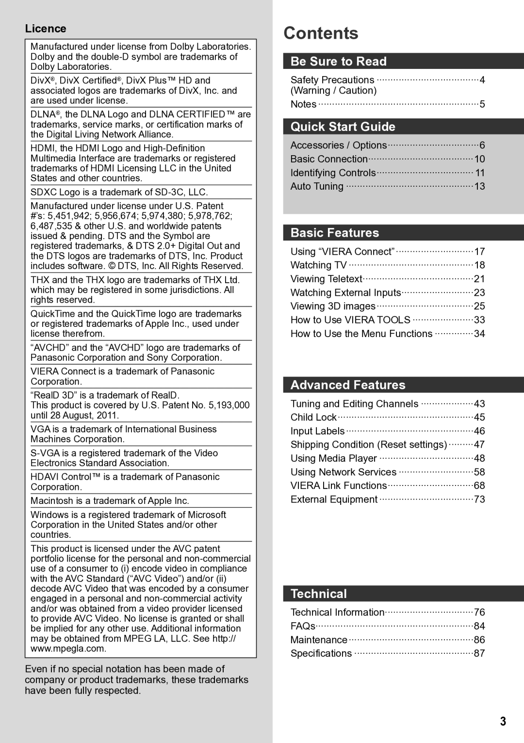 Panasonic TH-P65VT30M, TH-P65VT30P, TH-P65VT30K, TH-P65VT30D, TH-P65VT30T operating instructions Contents 