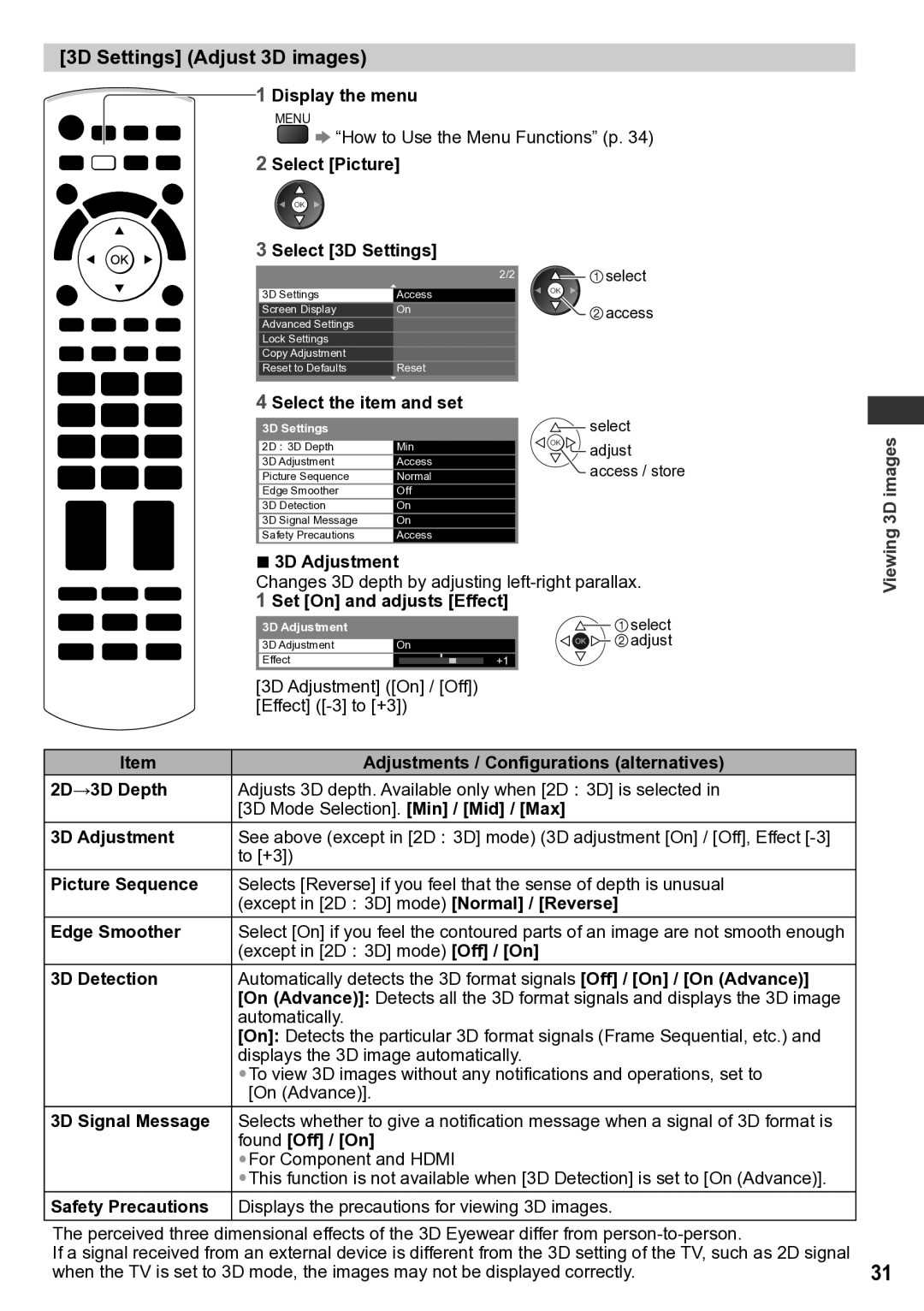 Panasonic TH-P65VT30K, TH-P65VT30P, TH-P65VT30D, TH-P65VT30M, TH-P65VT30T operating instructions 3D Settings Adjust 3D images 