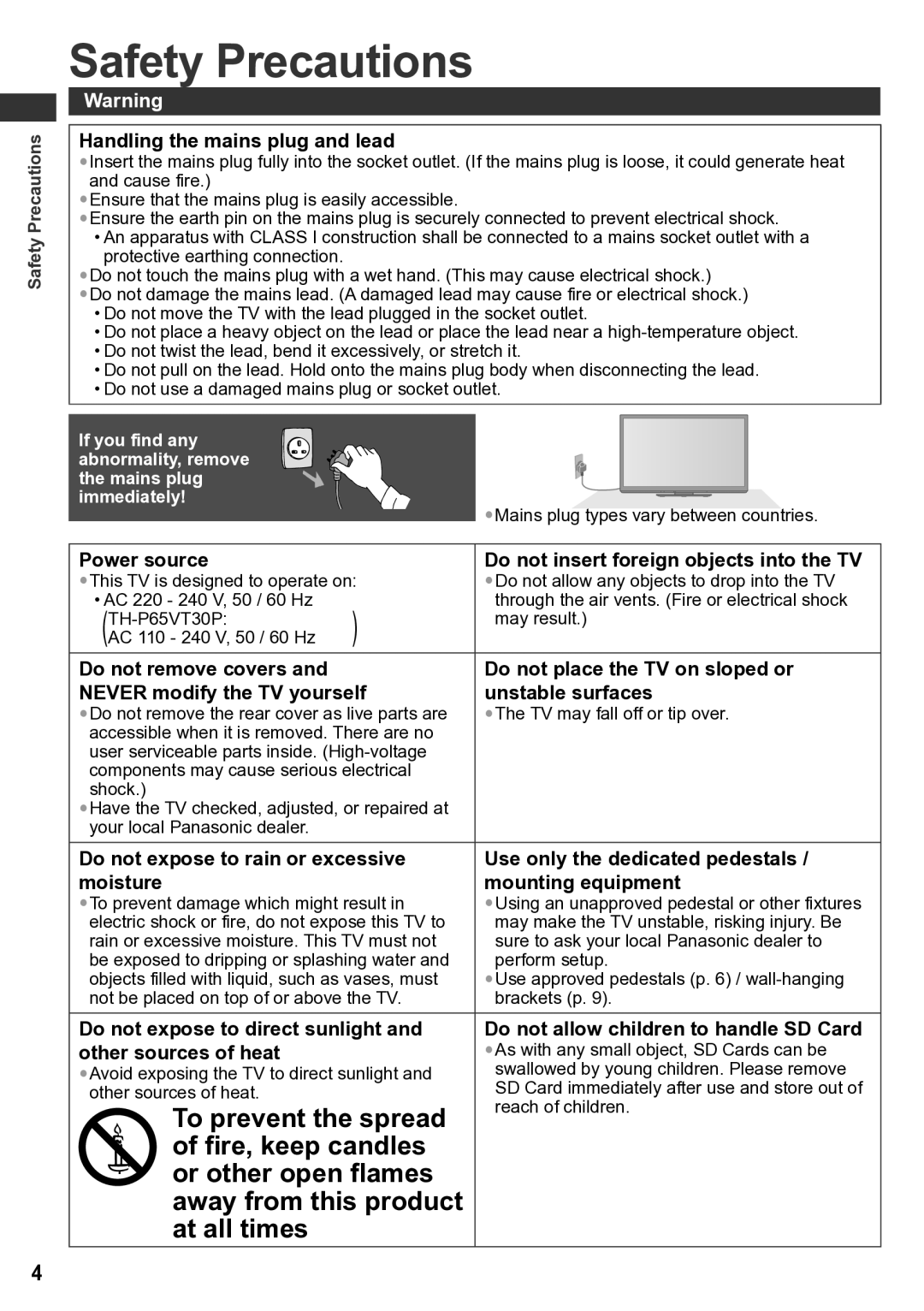 Panasonic TH-P65VT30T, TH-P65VT30P, TH-P65VT30K, TH-P65VT30D Safety Precautions, Handling the mains plug and lead 