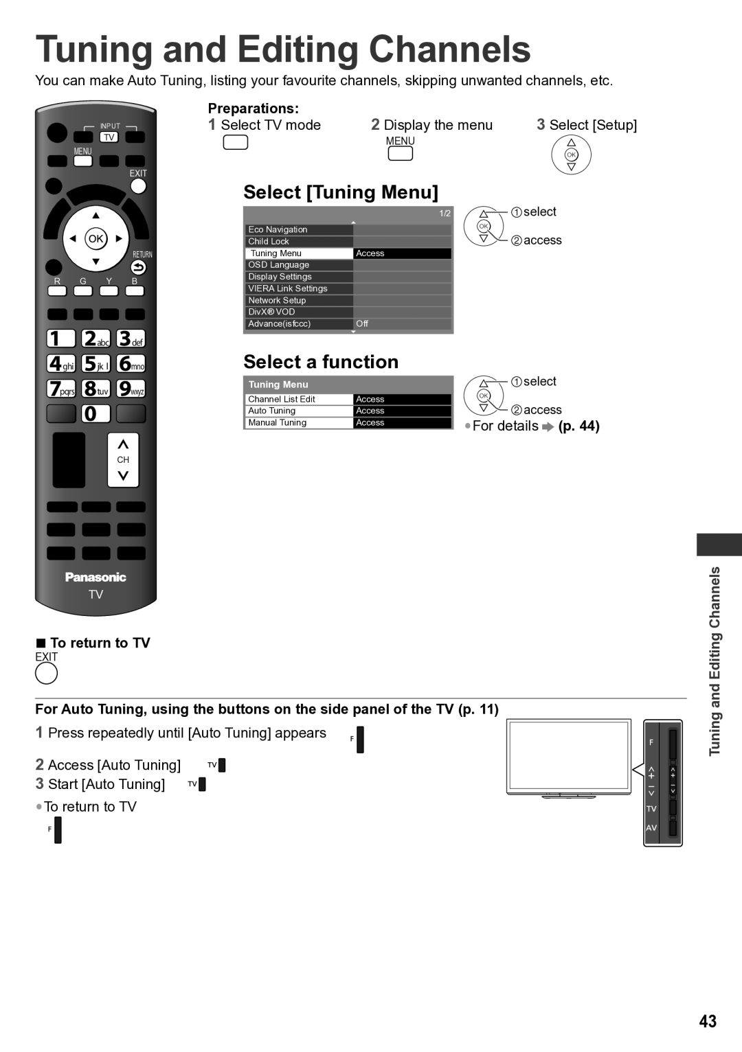 Panasonic TH-P65VT30M, TH-P65VT30P Tuning and Editing Channels, Select Tuning Menu 1/2, Select a function, Preparations 