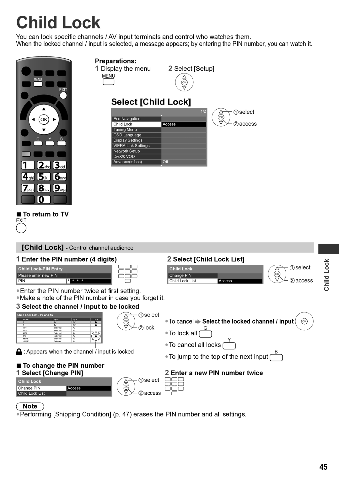 Panasonic TH-P65VT30P, TH-P65VT30K, TH-P65VT30D, TH-P65VT30M, TH-P65VT30T Select Child Lock, Preparations 