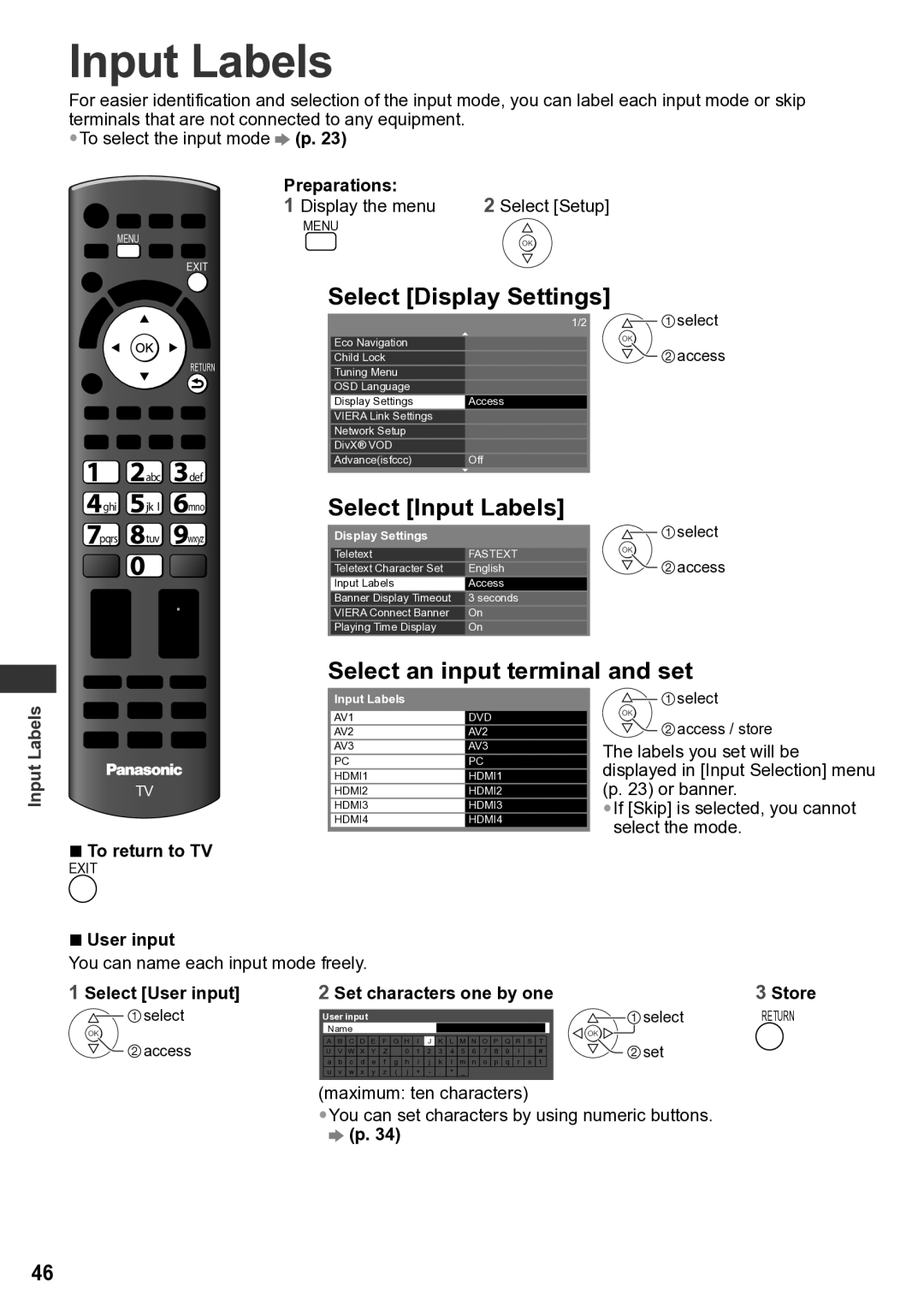 Panasonic TH-P65VT30K, TH-P65VT30P Select Display Settings, Select Input Labels, Select an input terminal and set 