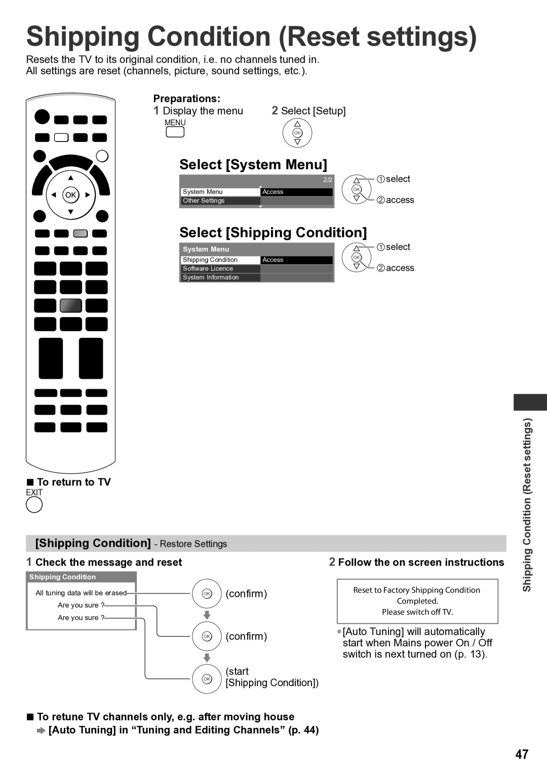 Panasonic TH-P65VT30D, TH-P65VT30P Shipping Condition Reset settings, Select System Menu, Select Shipping Condition 