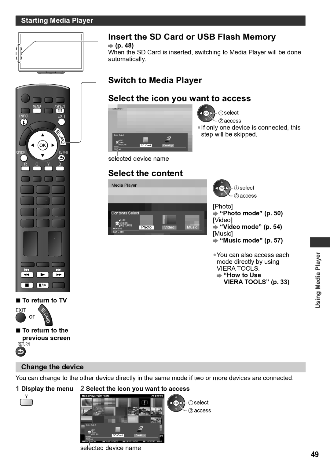 Panasonic TH-P65VT30T Insert the SD Card or USB Flash Memory, Switch to Media Player Select the icon you want to access 