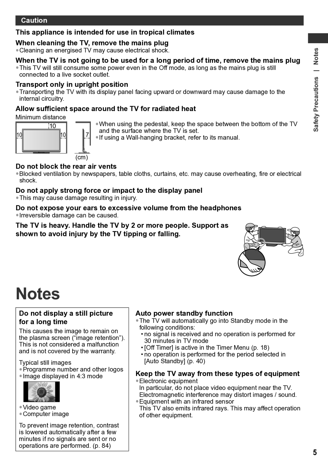 Panasonic TH-P65VT30P Transport only in upright position, Allow sufficient space around the TV for radiated heat 