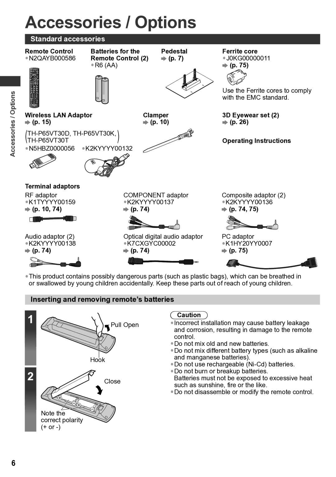 Panasonic TH-P65VT30K, TH-P65VT30P Accessories / Options, Standard accessories, Inserting and removing remote’s batteries 