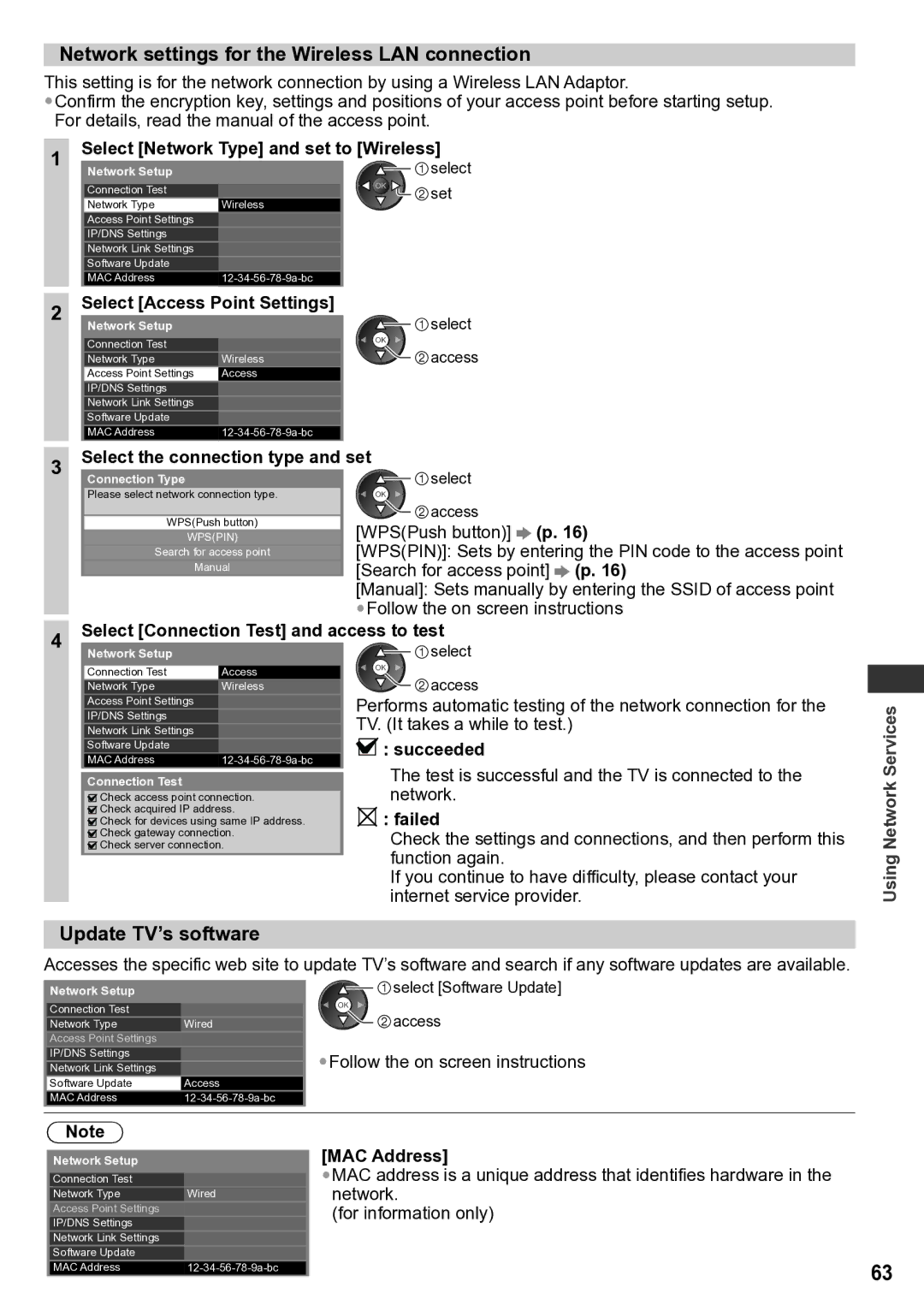 Panasonic TH-P65VT30M, TH-P65VT30P, TH-P65VT30K Network settings for the Wireless LAN connection, Update TV’s software 