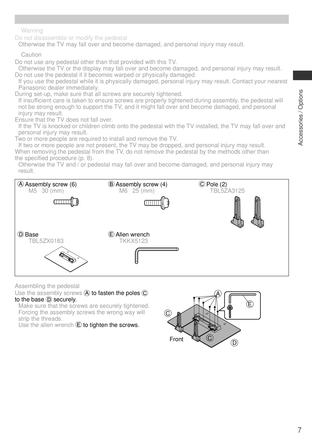 Panasonic TH-P65VT30D, TH-P65VT30P, TH-P65VT30K, TH-P65VT30M, TH-P65VT30T Attaching and removing the pedestal 