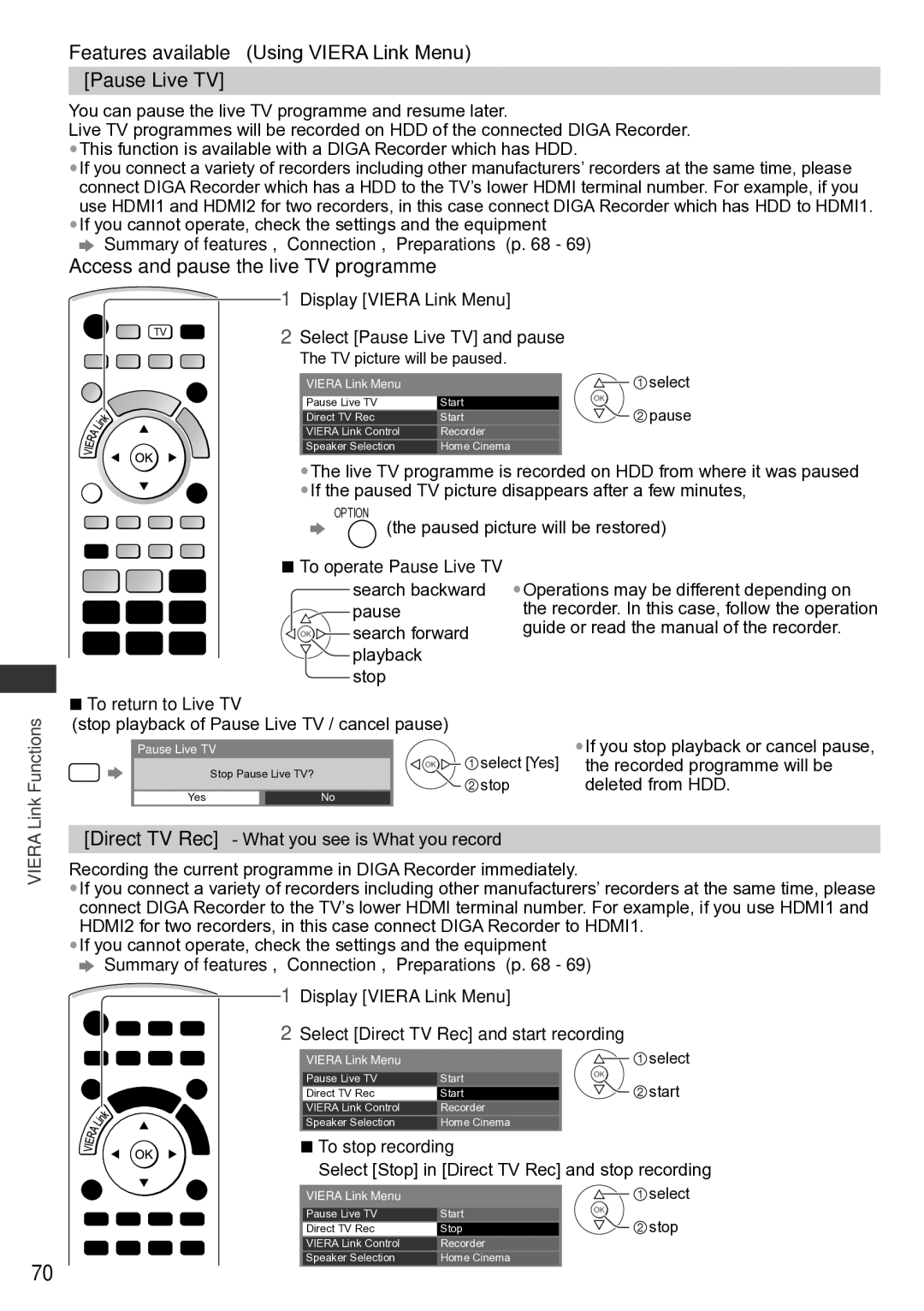 Panasonic TH-P65VT30P Pause Live TV, Access and pause the live TV programme, Display Viera Link Menu, To stop recording 