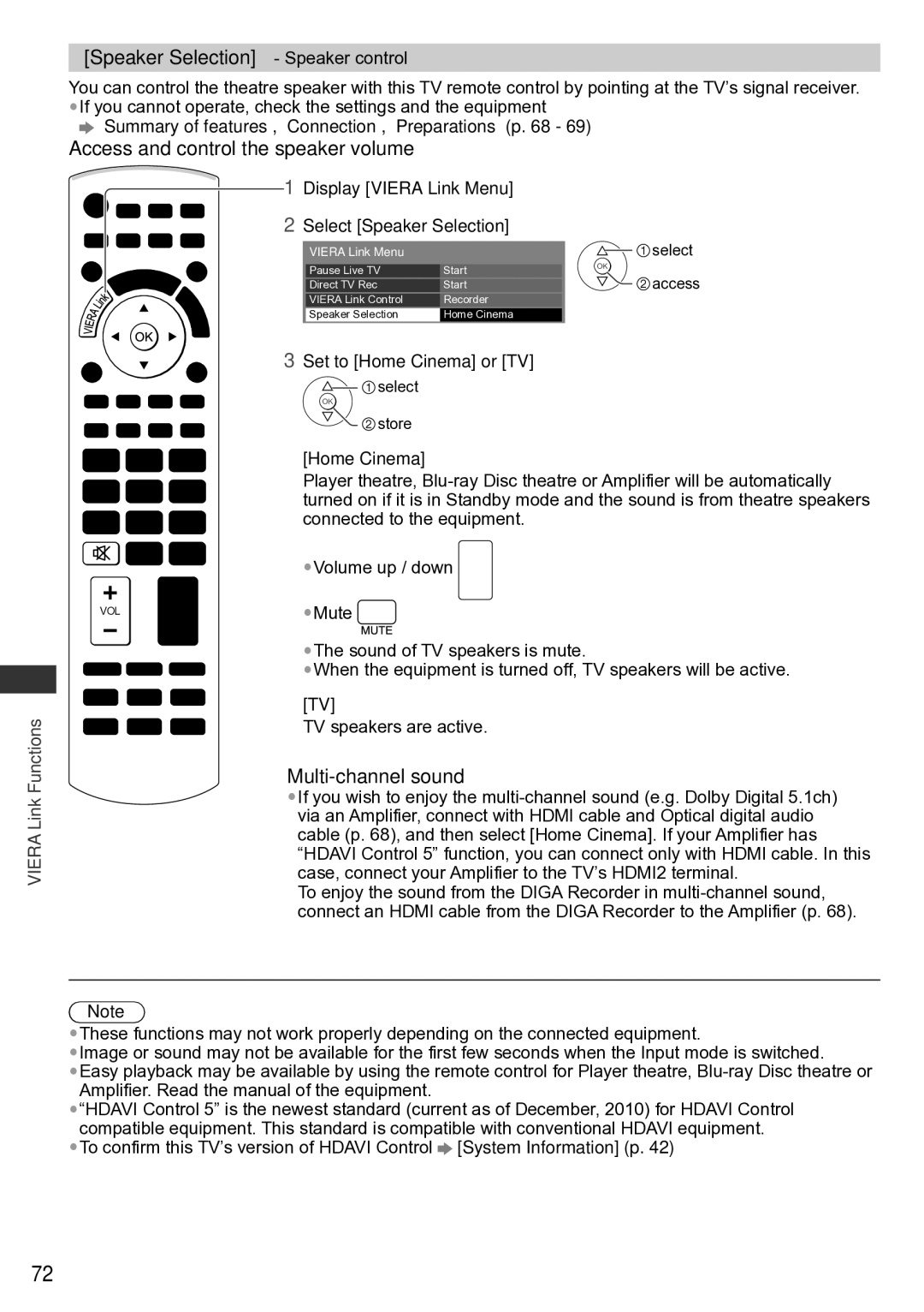 Panasonic TH-P65VT30D Speaker Selection Speaker control, Access and control the speaker volume, Multi-channel sound 