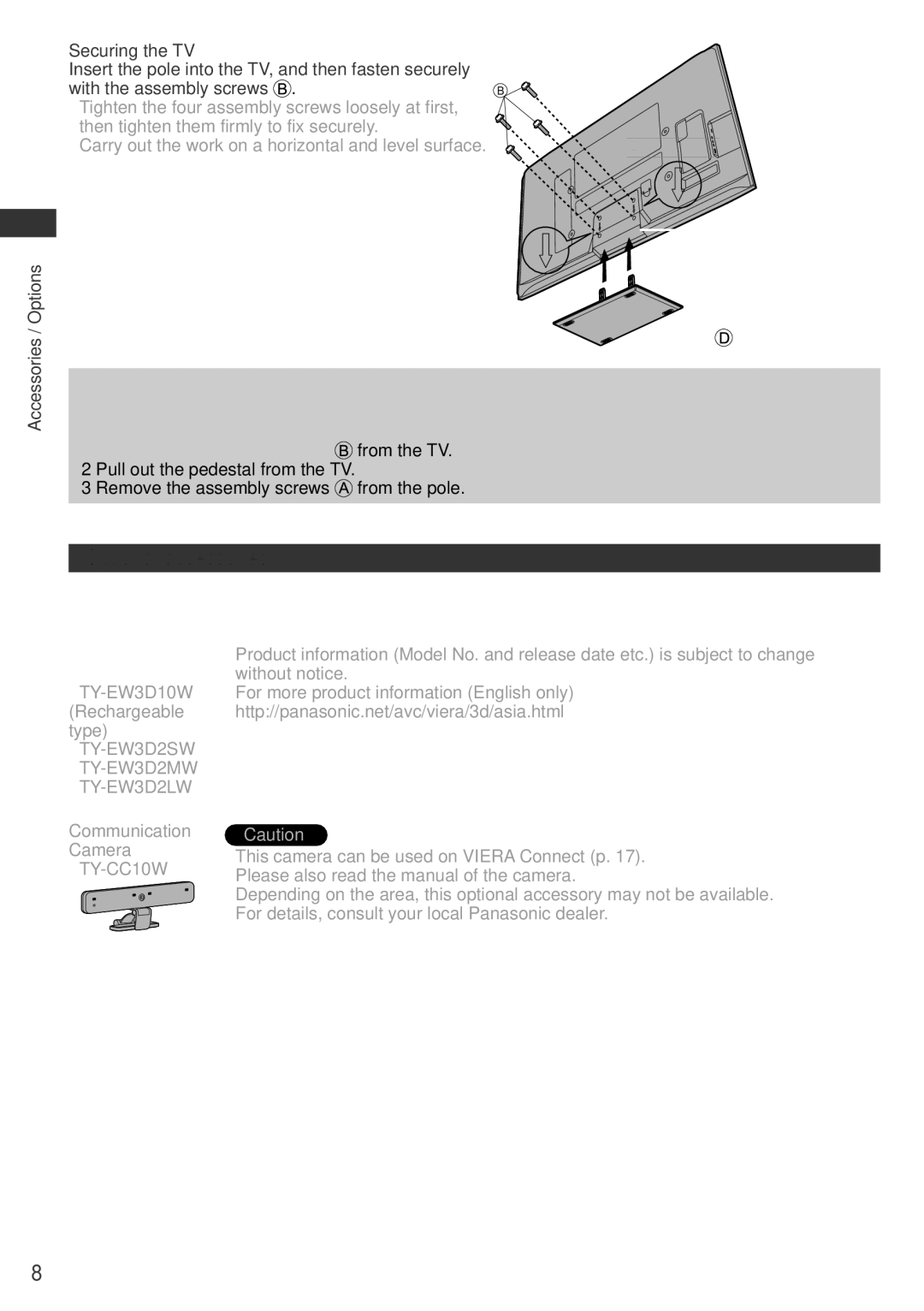 Panasonic TH-P65VT30M, TH-P65VT30P Optional accessories, Securing the TV, Removing the pedestal from the TV, 3D Eyewear 