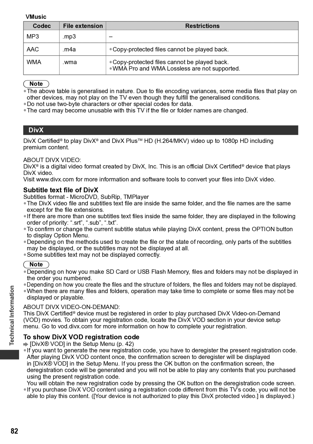 Panasonic TH-P65VT30D Subtitle text file of DivX, To show DivX VOD registration code, Music Codec, Restrictions 