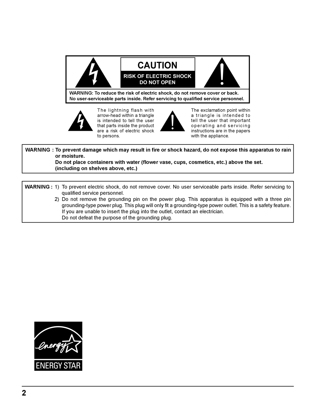 Panasonic TH-PH10 manual Risk of Electric Shock Do not Open 