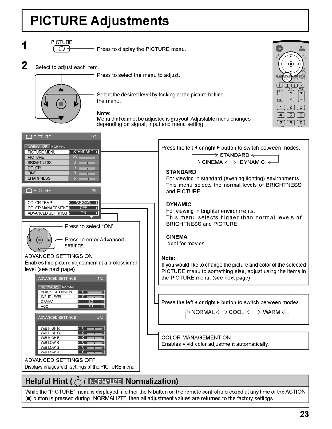 Panasonic TH-PH10 manual Picture Adjustments, Advanced Settings on, Advanced Settings OFF, Standard Cinema Dynamic 