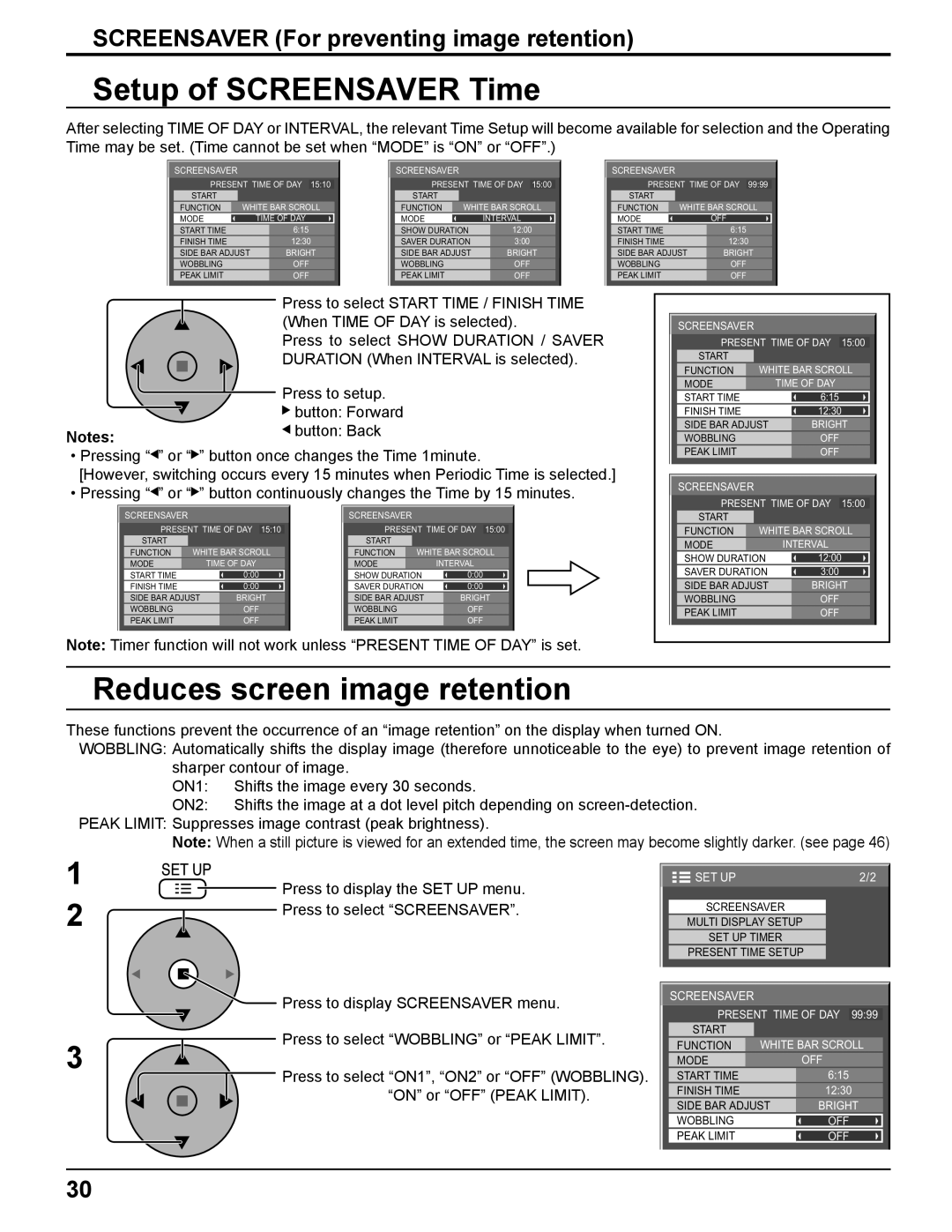 Panasonic TH-PH10 Setup of Screensaver Time, Reduces screen image retention, Screensaver For preventing image retention 