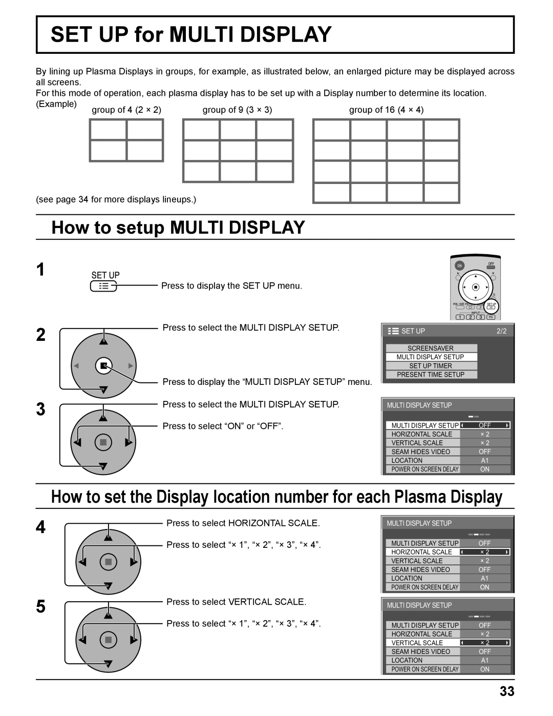 Panasonic TH-PH10 manual SET UP for Multi Display, How to setup Multi Display, Press to select Vertical Scale 