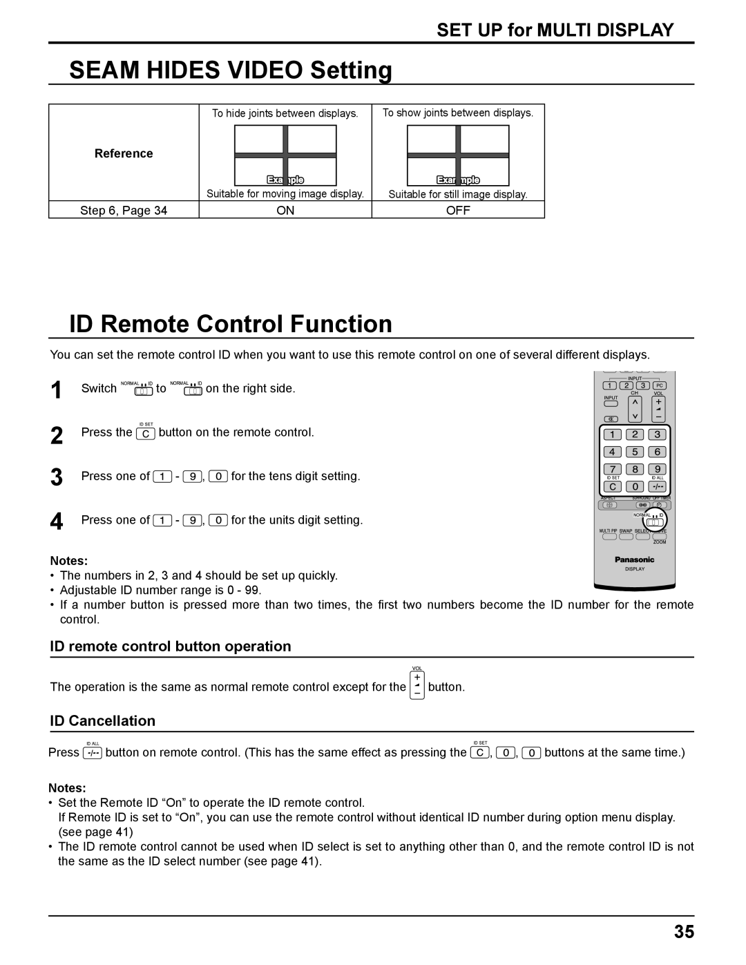 Panasonic TH-PH10 Seam Hides Video Setting, ID Remote Control Function, ID remote control button operation, Reference 