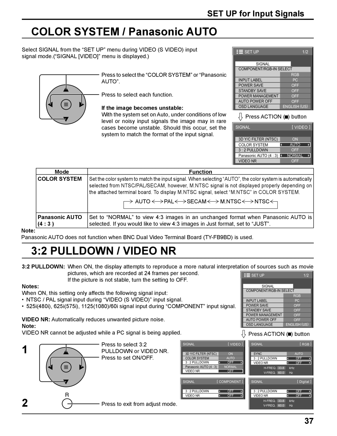 Panasonic TH-PH10 manual Color System / Panasonic Auto, Pulldown / Video NR, SET UP for Input Signals 