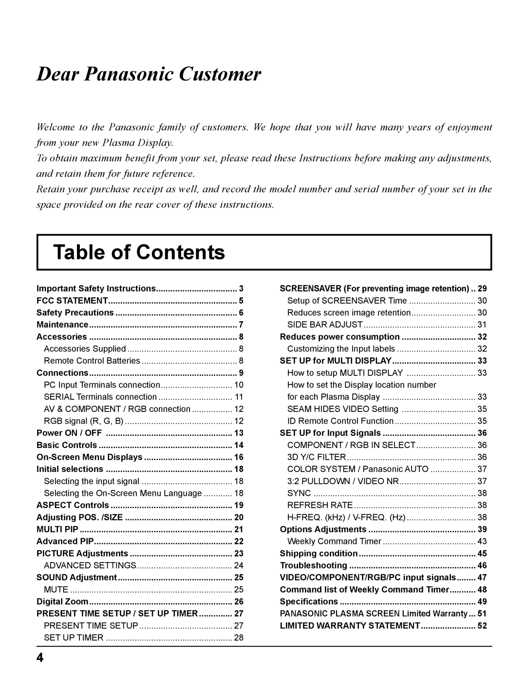 Panasonic TH-PH10 manual Table of Contents 