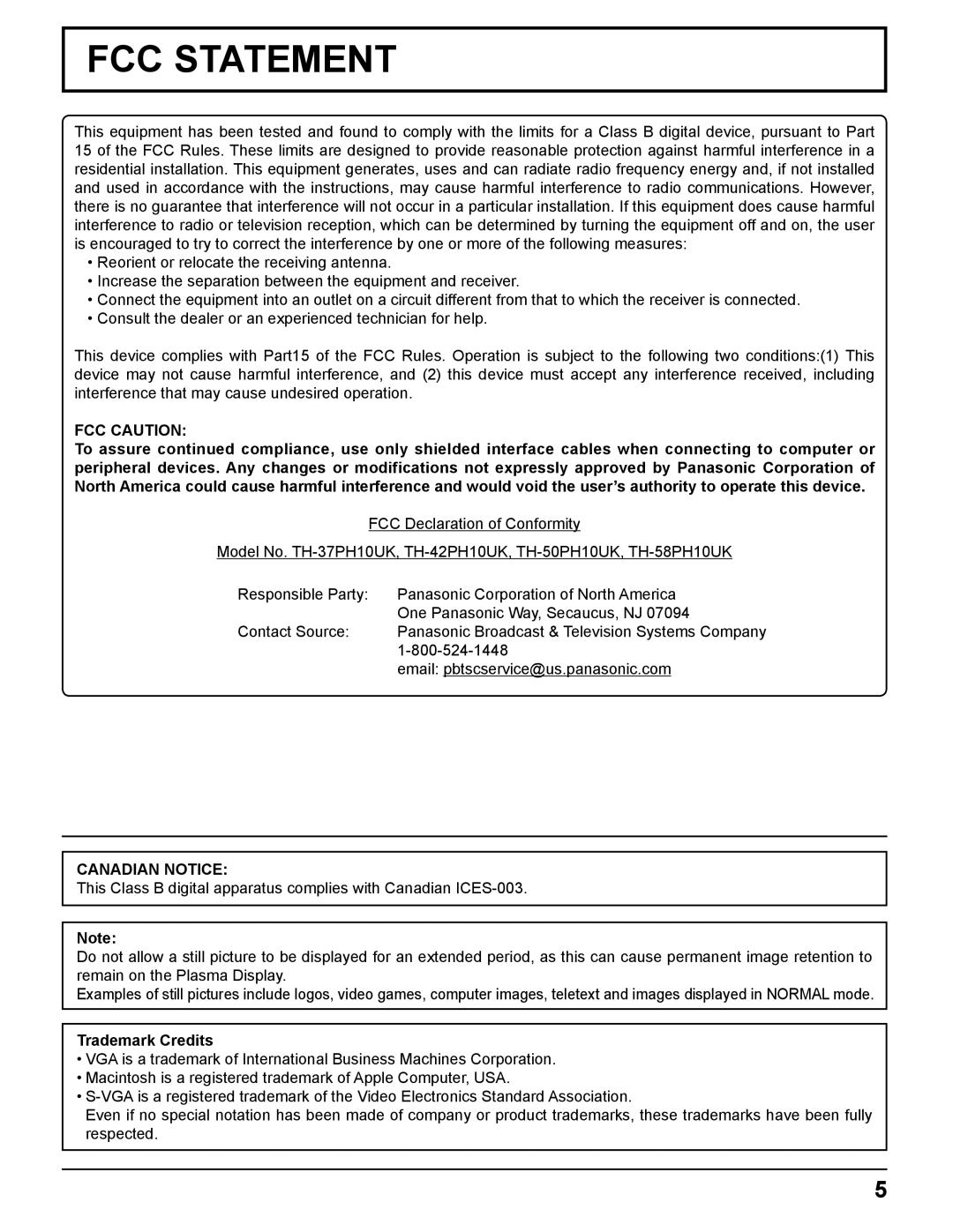 Panasonic TH-PH10 manual FCC Statement, Trademark Credits 