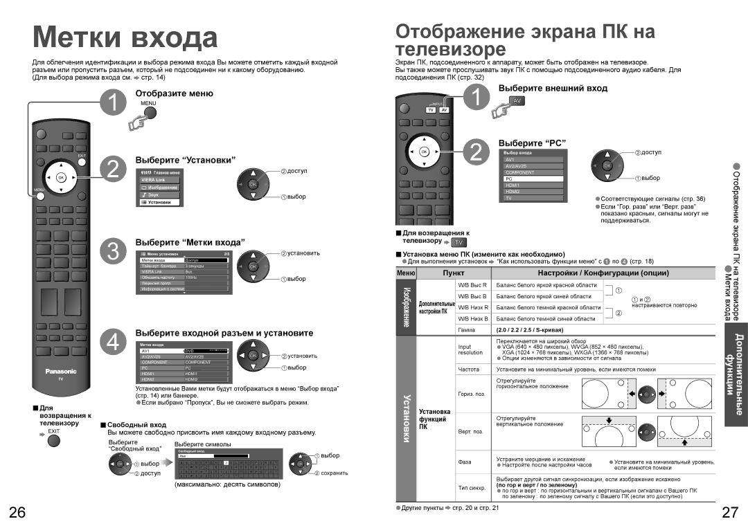 Panasonic TH-R50PV70, TH-R37PV70, TH-R42PV70 manual Метки входа, Отображение экрана ПК на телевизоре, Выберите внешний вход 