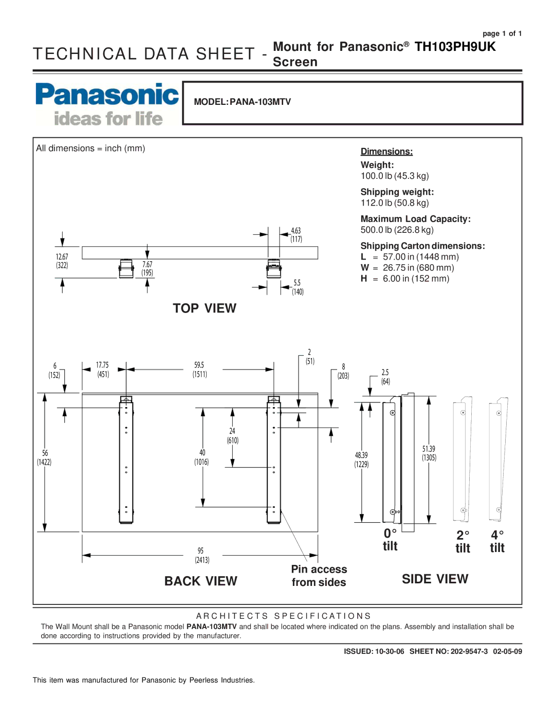 Panasonic dimensions Technical Data Sheet Mount for Panasonic TH103PH9UK Screen, TOP View, Back View, Side View 